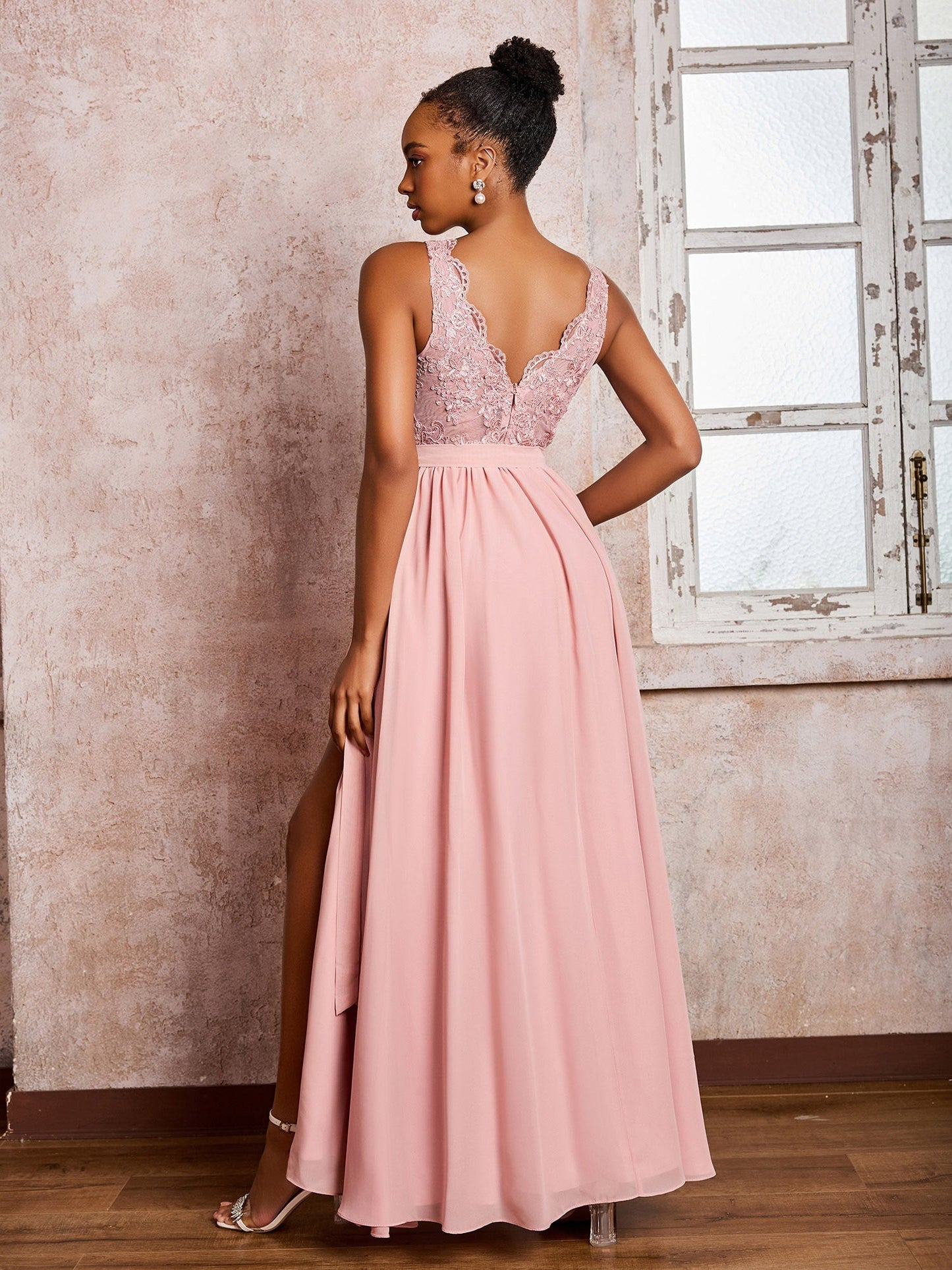 Illusion Neck Lace Top Chiffon Skirt Maxi Dresses with Bow Dusty Rose