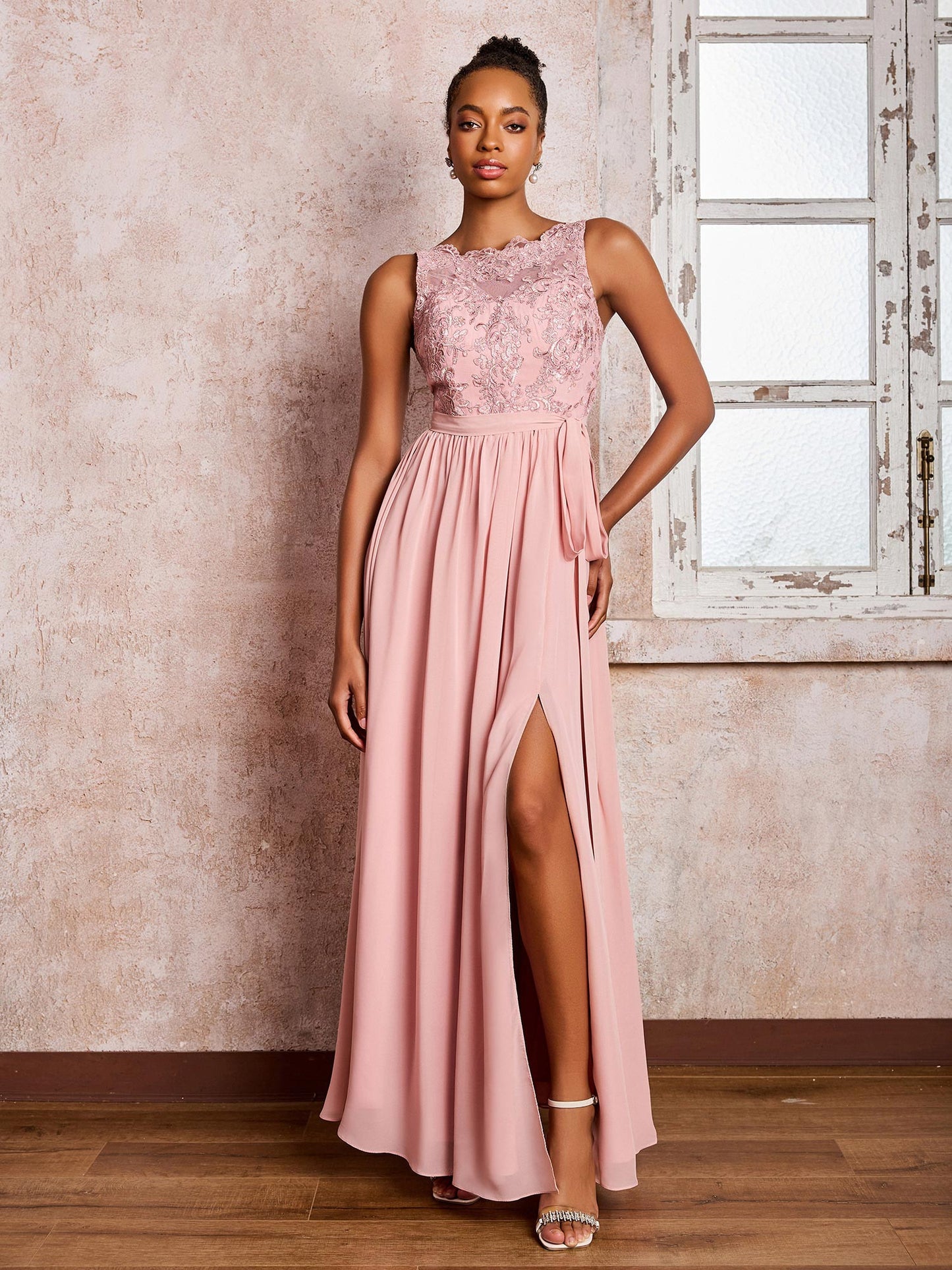 Illusion Neck Lace Top Chiffon Skirt Maxi Dresses with Bow Dusty Rose