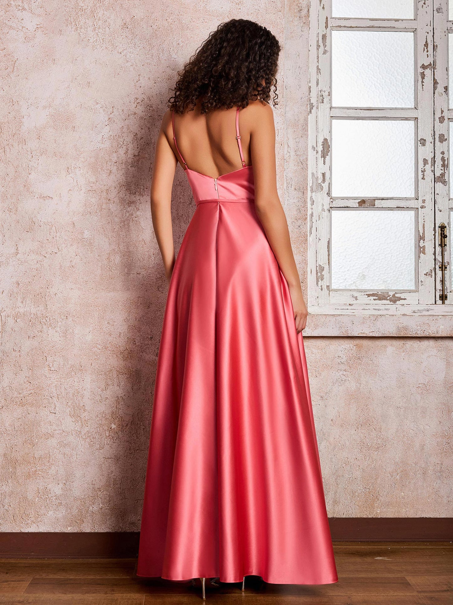 Princess Spaghetti Straps Maxi Satin Dresses with Pockets Watermelon