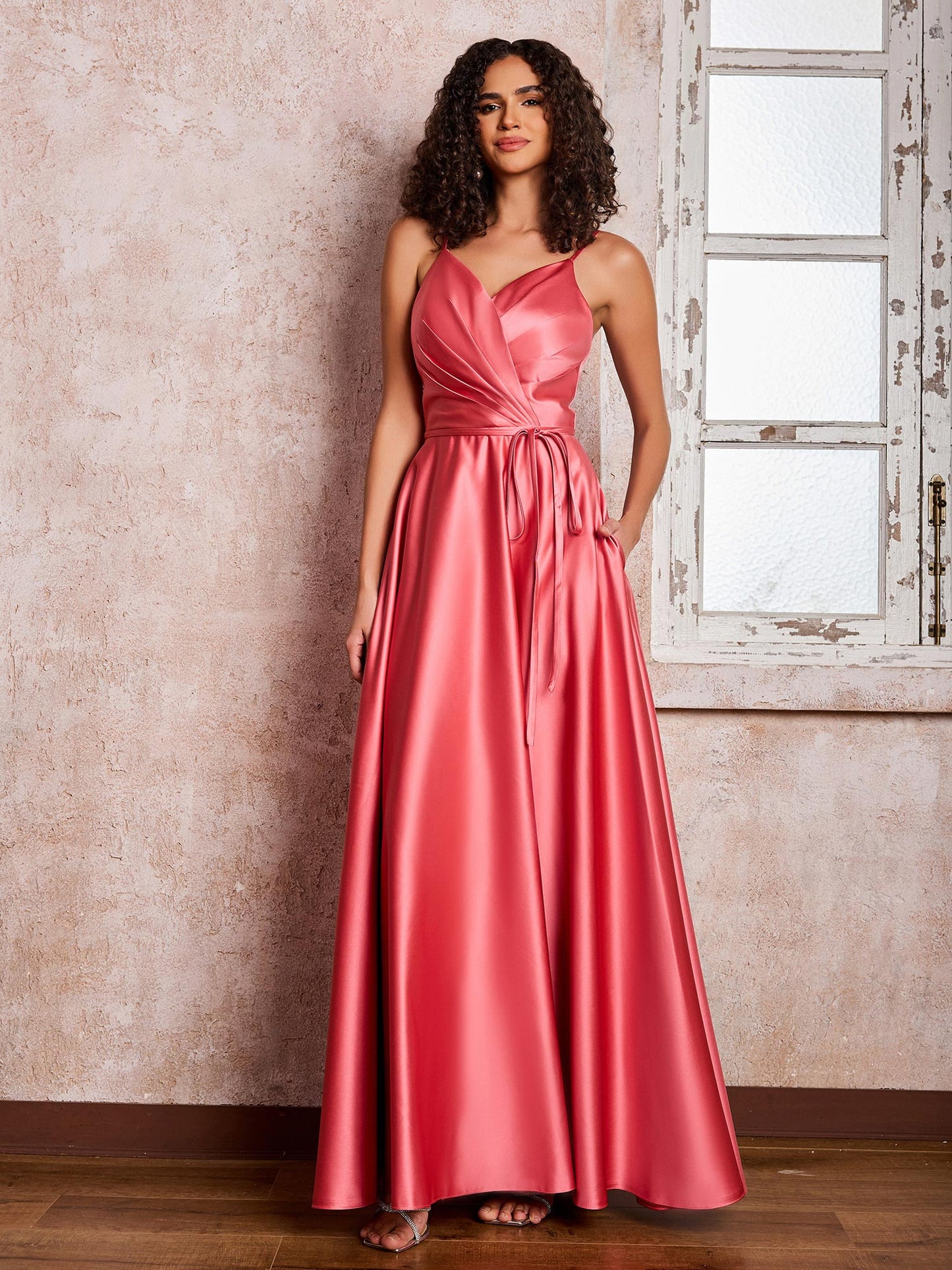 Princess Spaghetti Straps Maxi Satin Dresses with Pockets Watermelon