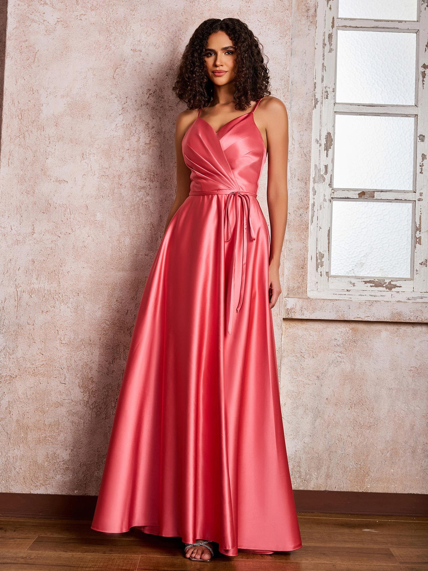 Princess Spaghetti Straps Maxi Satin Dresses with Pockets Watermelon