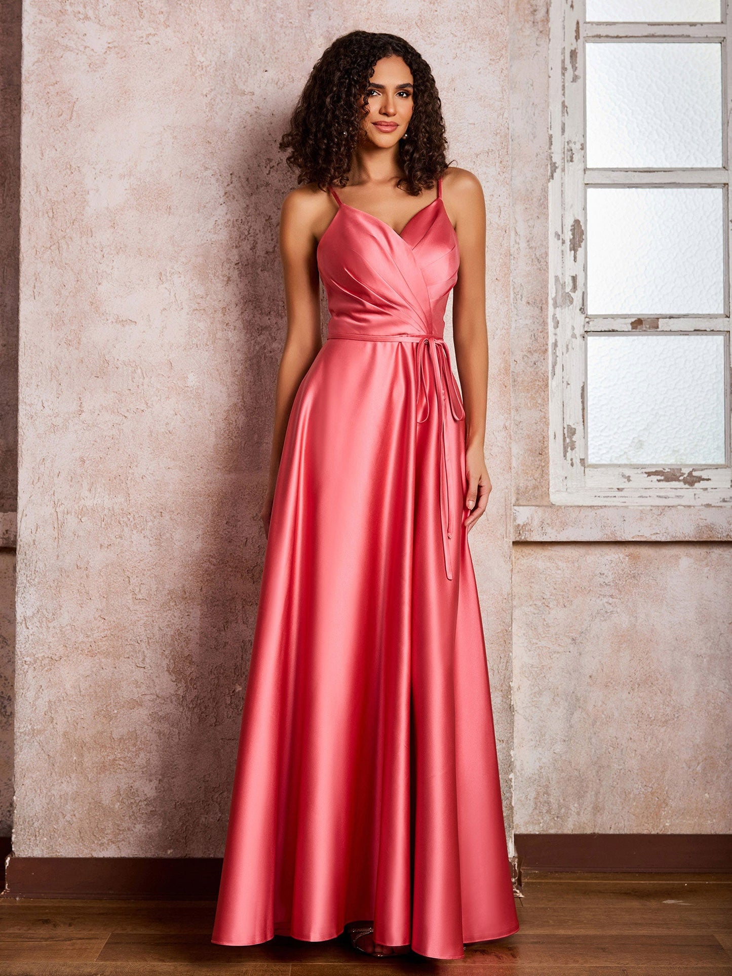 Princess Spaghetti Straps Maxi Satin Dresses with Pockets Watermelon