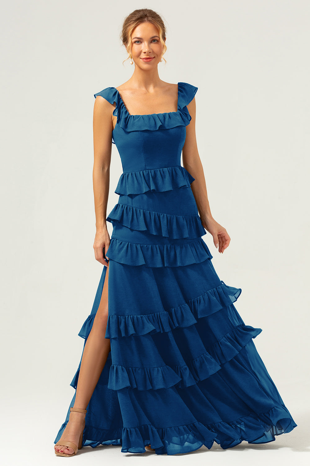 Burgundy A-Line Ruffleed Chiffon Long Bridesmaid Dress with Slit
