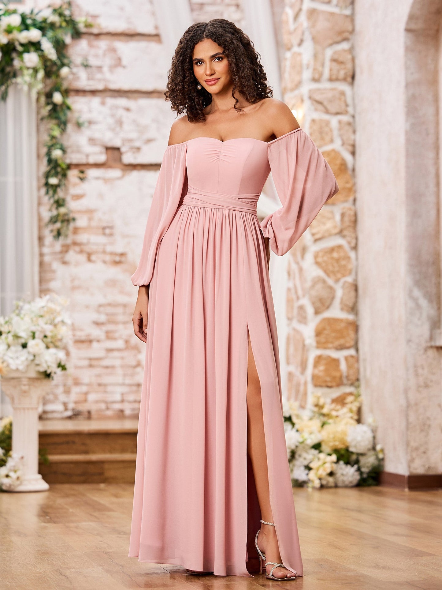 Off Shoulder Long Sleeves Chiffon Dresses with Slit Dusty Rose