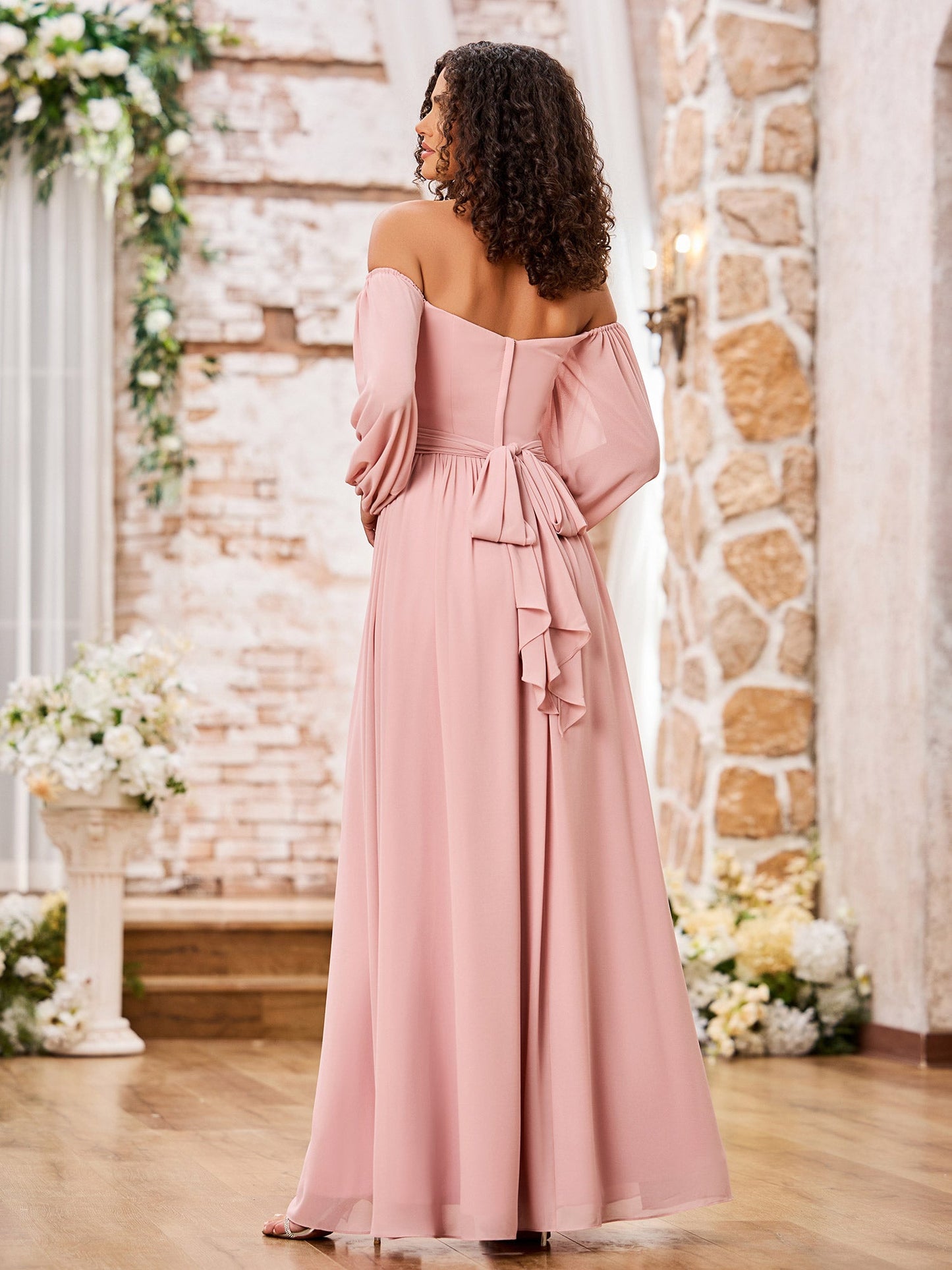 Off Shoulder Long Sleeves Chiffon Dresses with Slit Dusty Rose