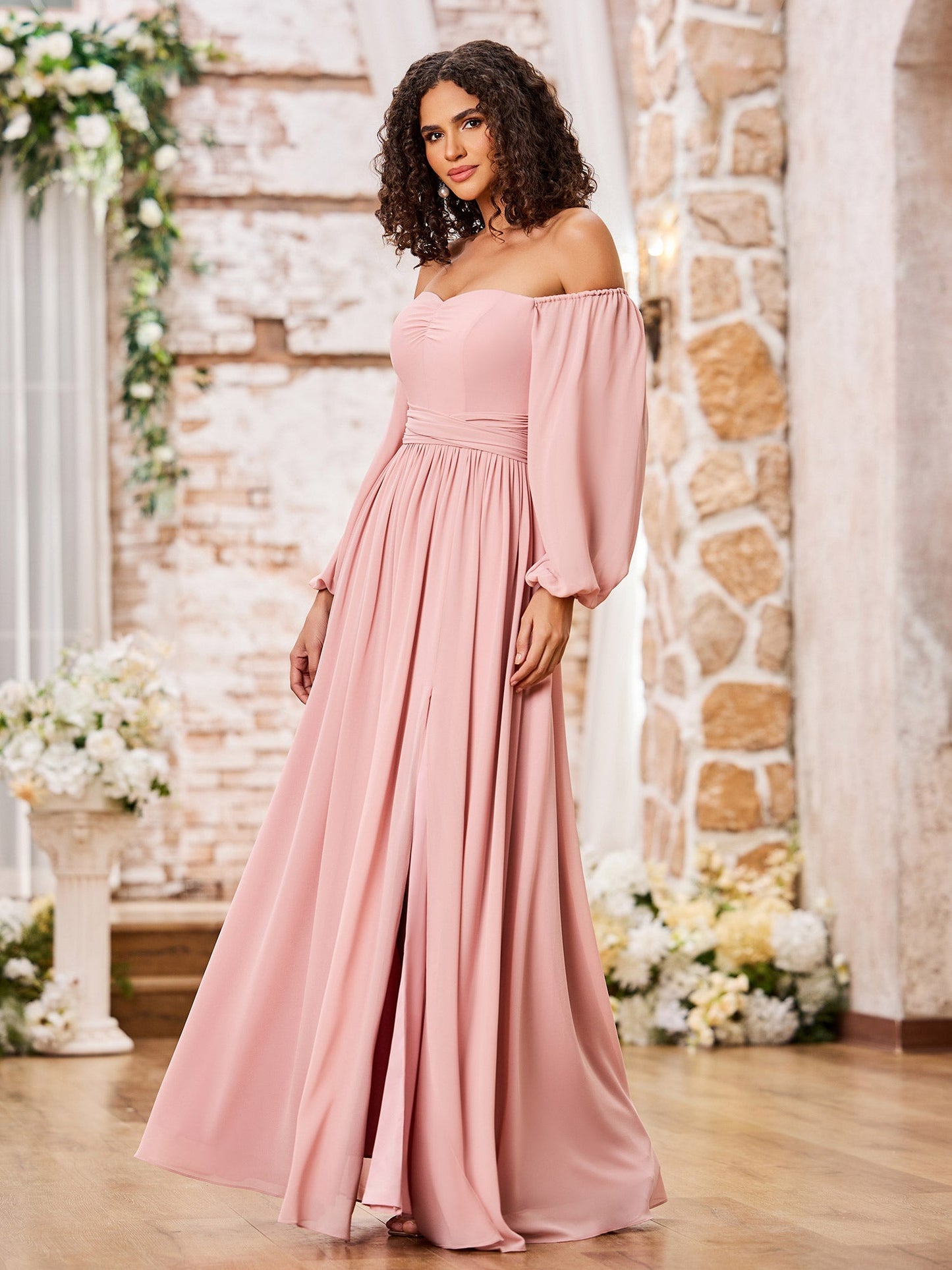 Off Shoulder Long Sleeves Chiffon Dresses with Slit Dusty Rose