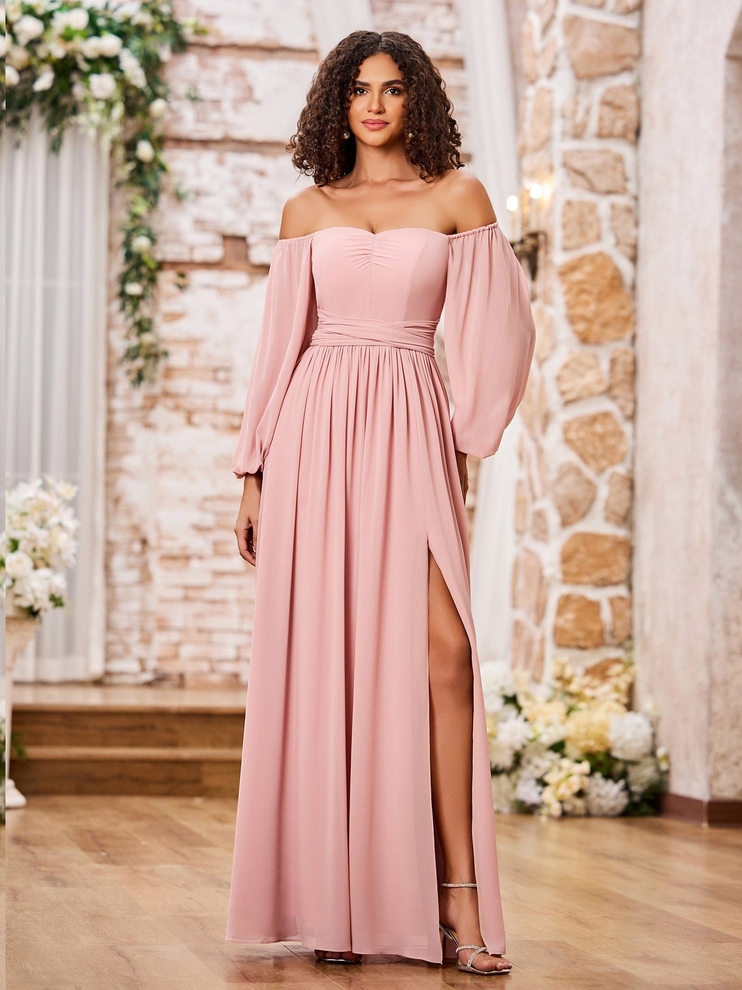 Off Shoulder Long Sleeves Chiffon Dresses with Slit Dusty Rose