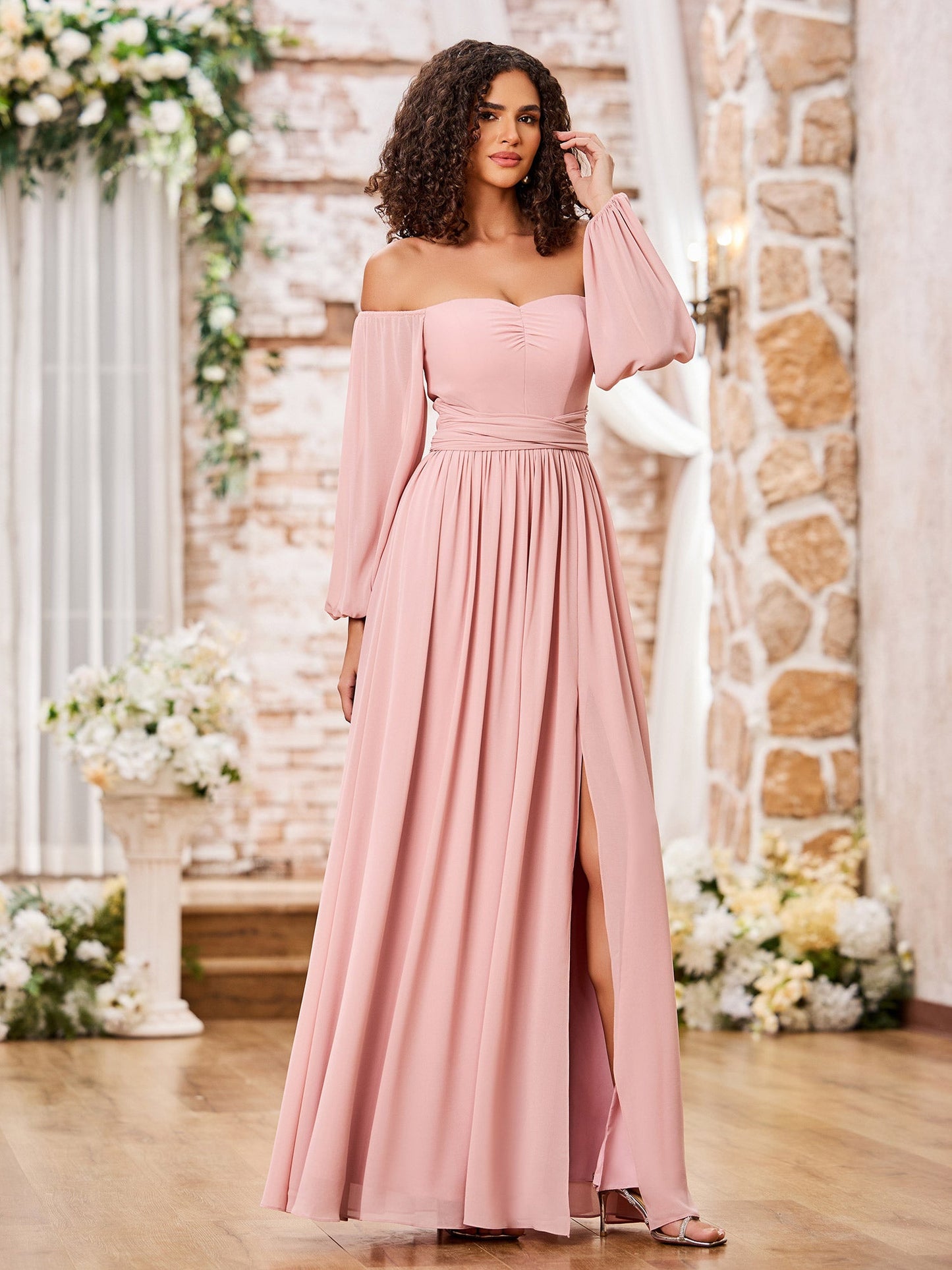 Off Shoulder Long Sleeves Chiffon Dresses with Slit Dusty Rose