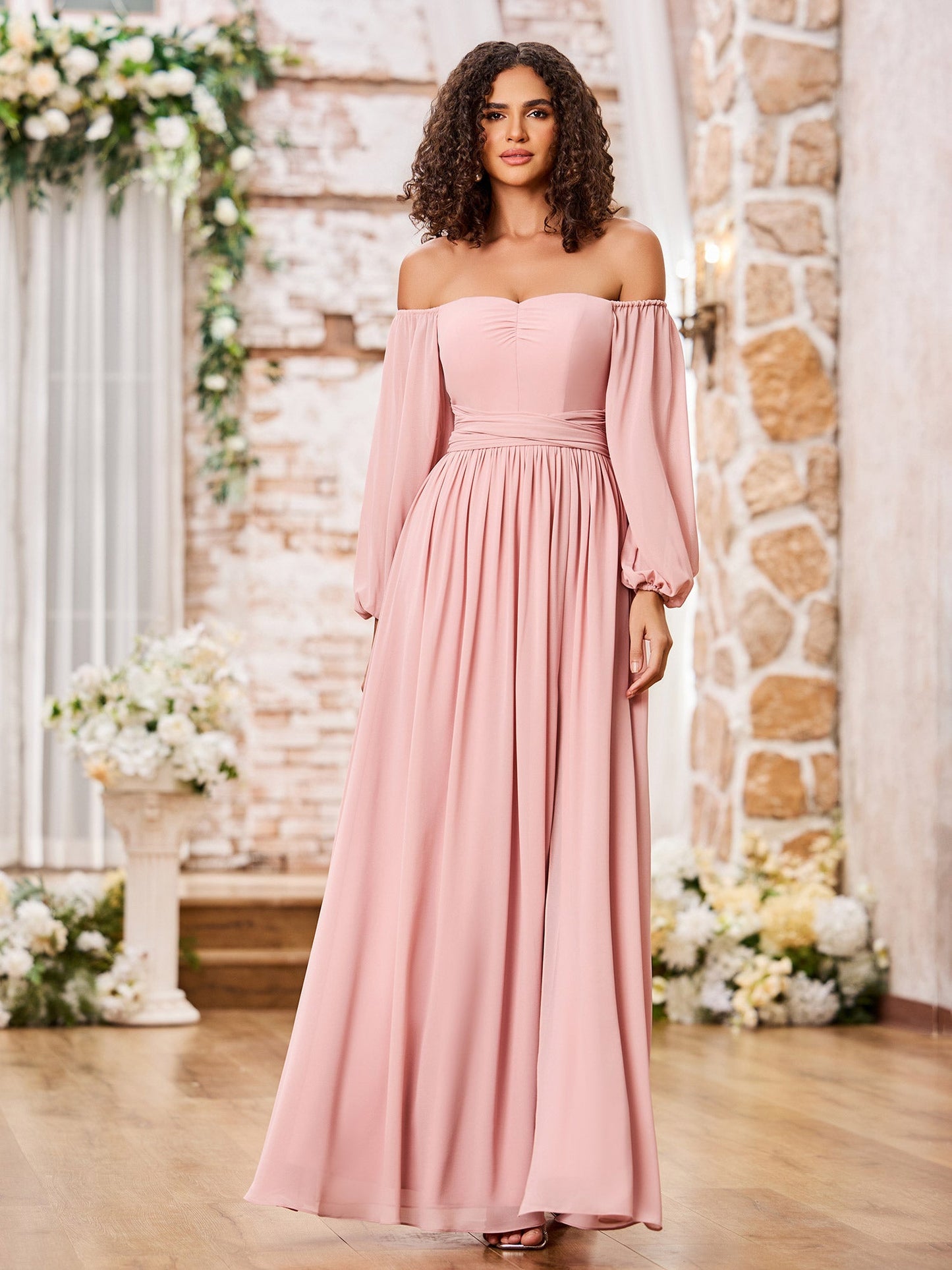 Off Shoulder Long Sleeves Chiffon Dresses with Slit Dusty Rose