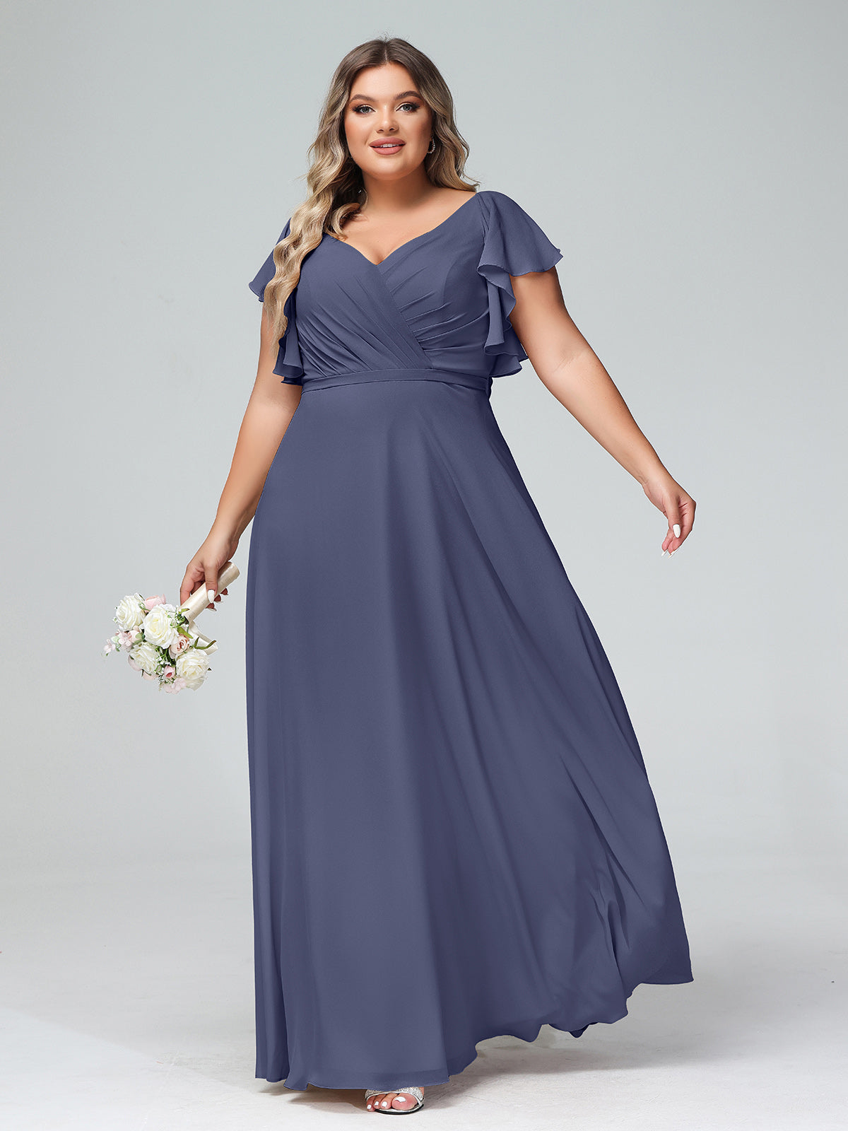 V-neck Cap Sleeves Dresses with Ruffles-Stormy