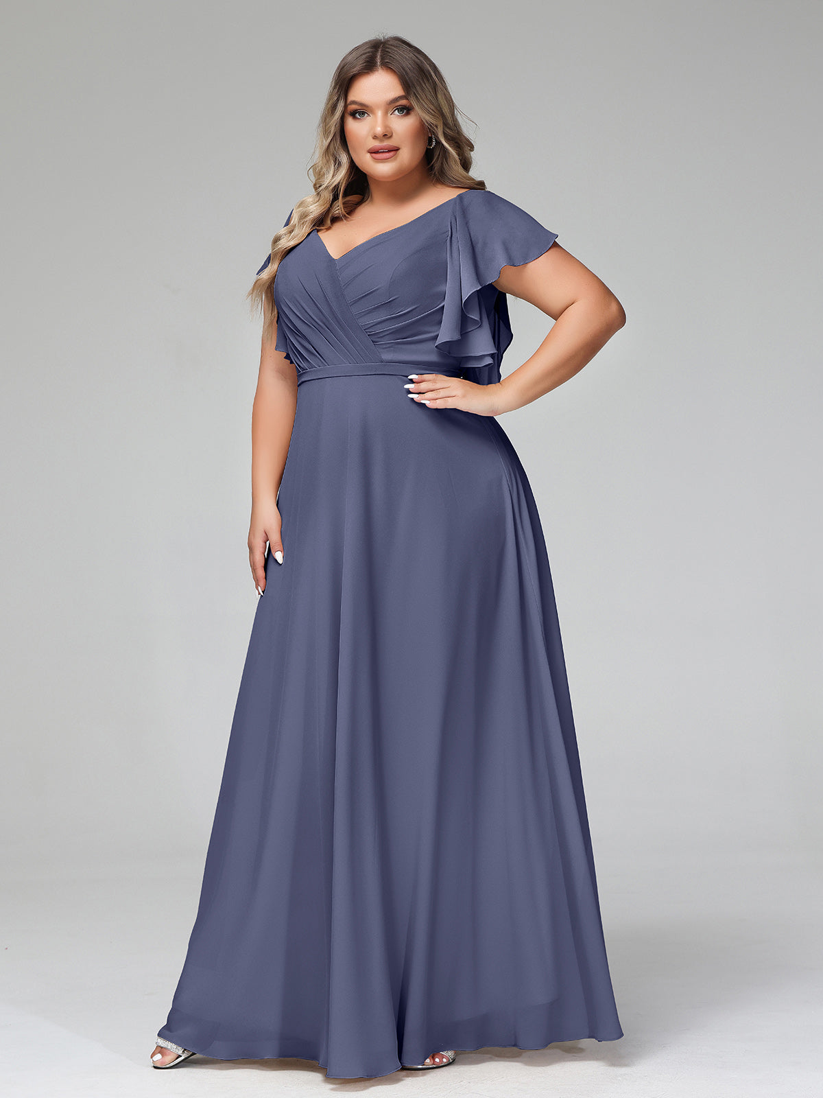 V-neck Cap Sleeves Dresses with Ruffles-Stormy