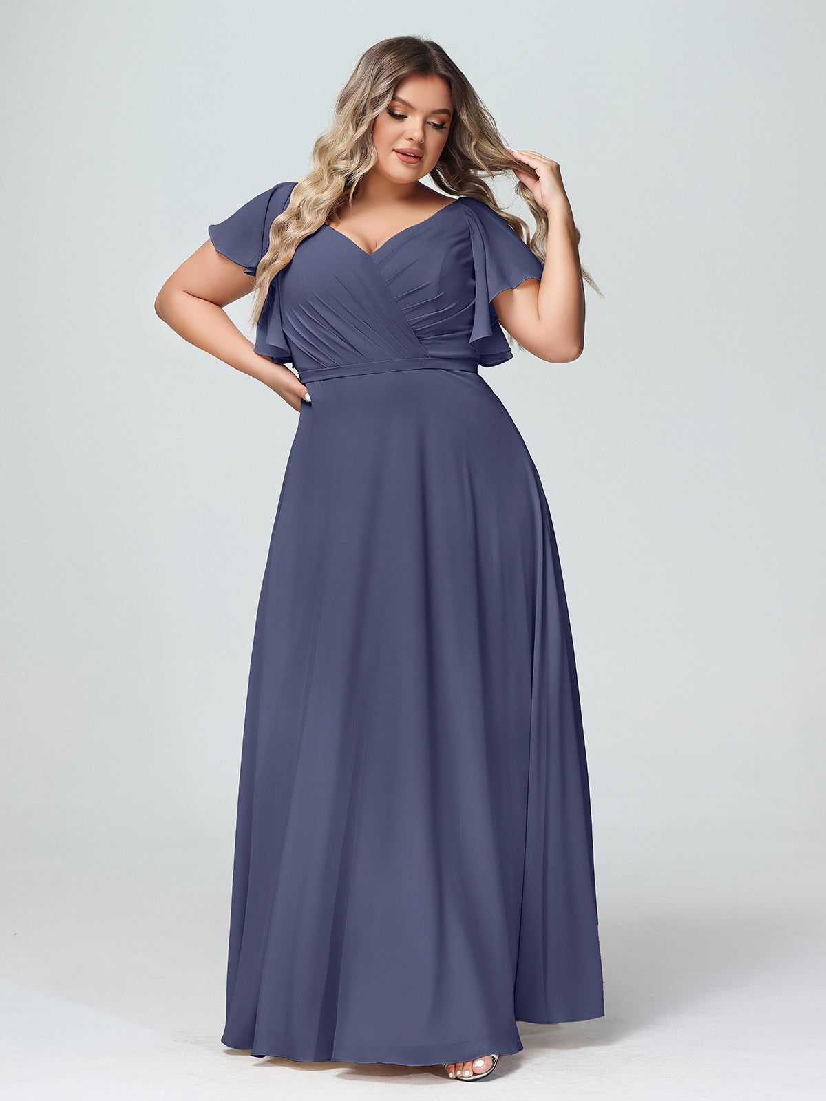 V-neck Cap Sleeves Dresses with Ruffles-Stormy