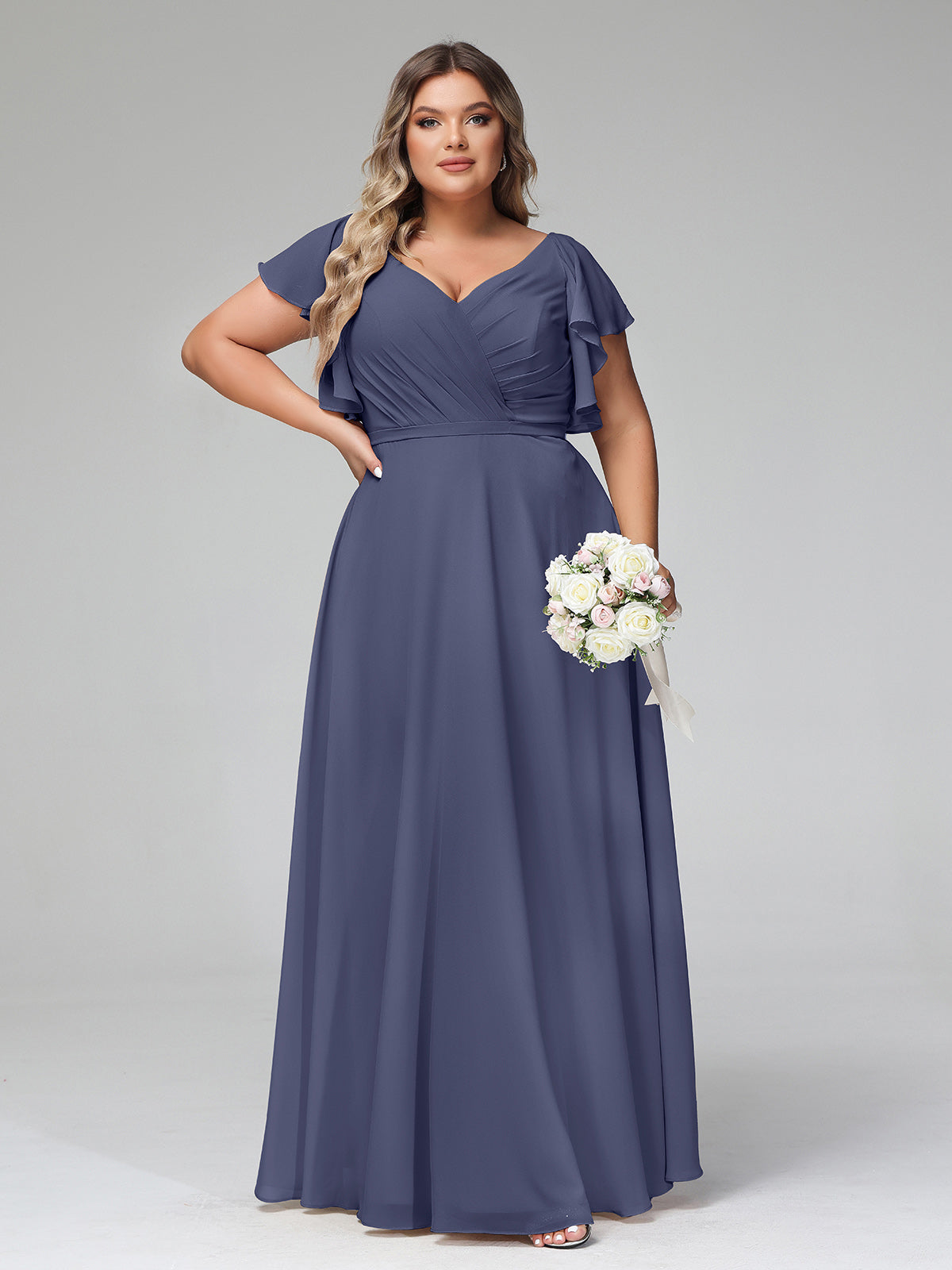 V-neck Cap Sleeves Dresses with Ruffles-Stormy