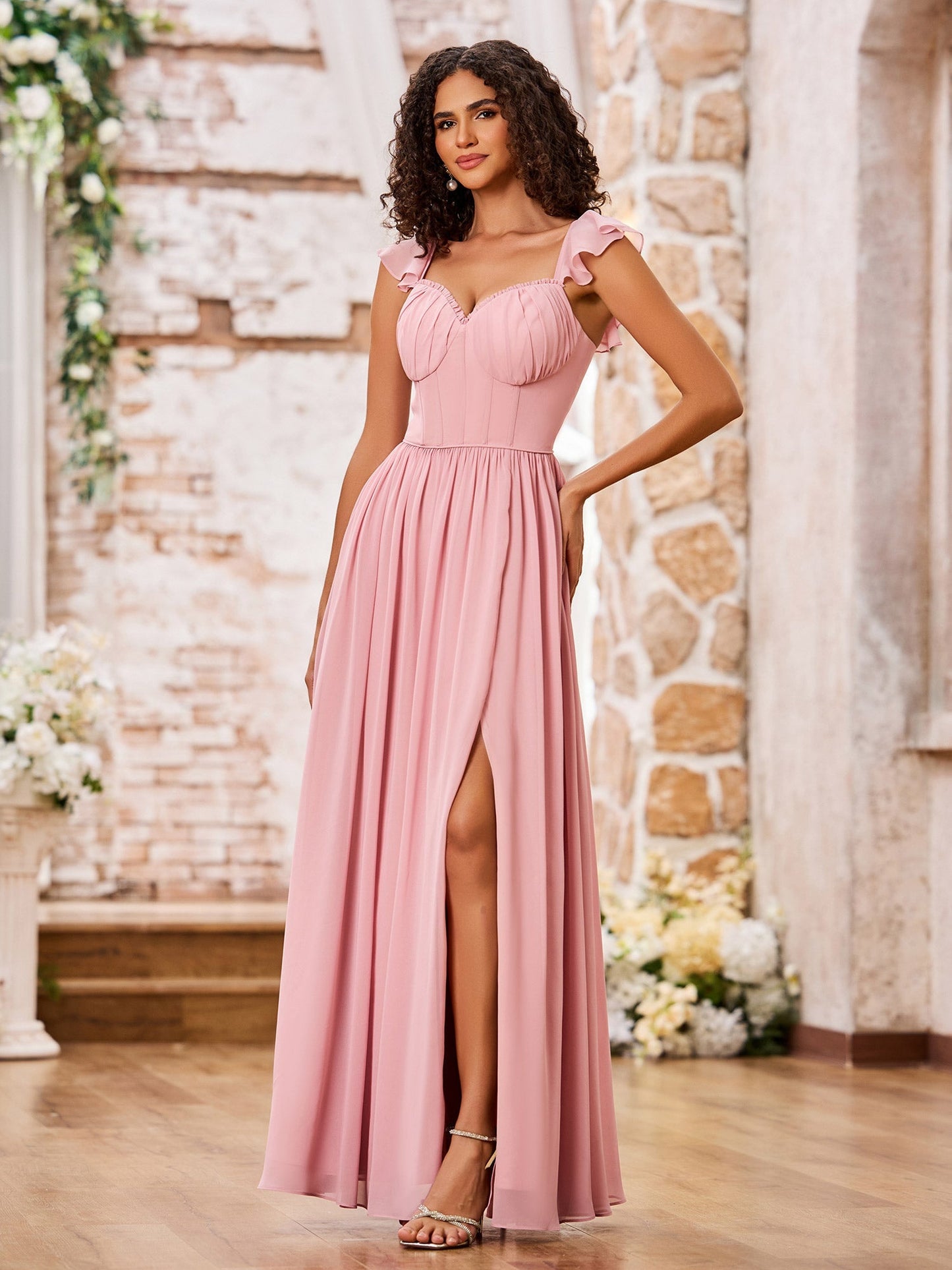 Sweetheart Neck Ruffle Shoulder Straps Chiffon Boho Dresses Dusty Rose