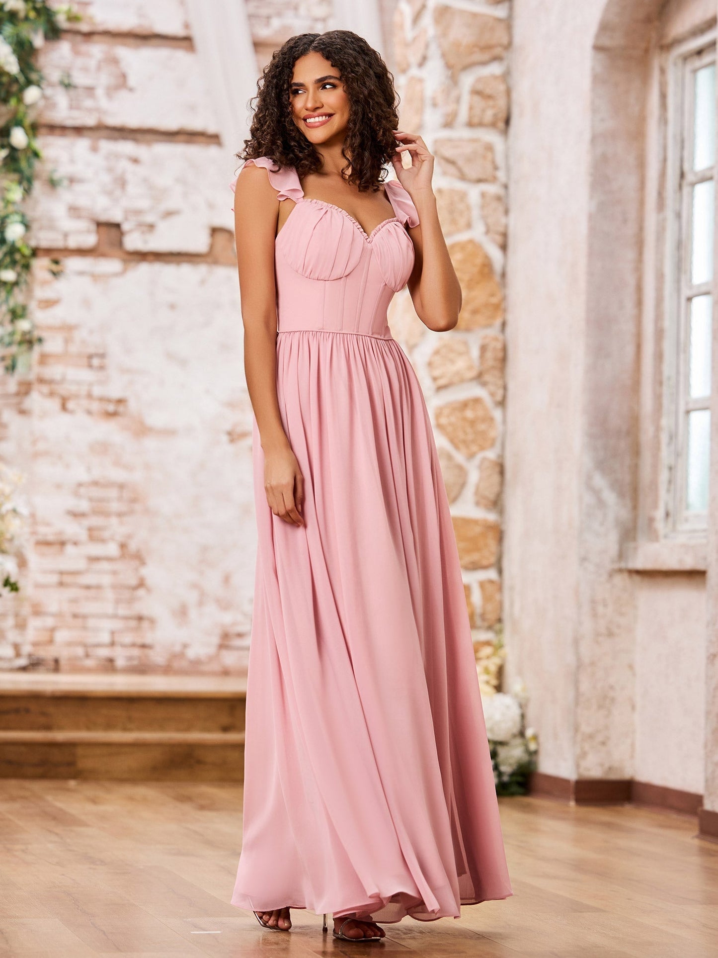 Sweetheart Neck Ruffle Shoulder Straps Chiffon Boho Dresses Dusty Rose