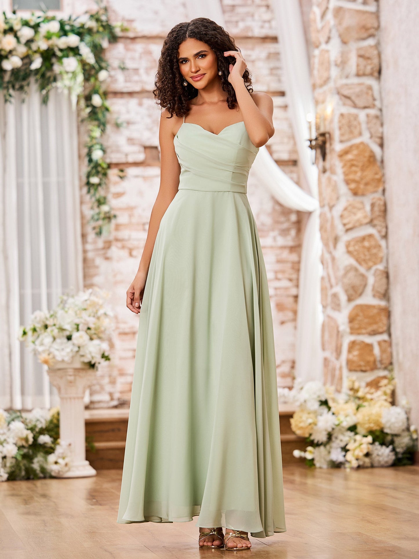 Spaghetti Straps Sweetheart Neck Chiffon Dresses Dusty Sage