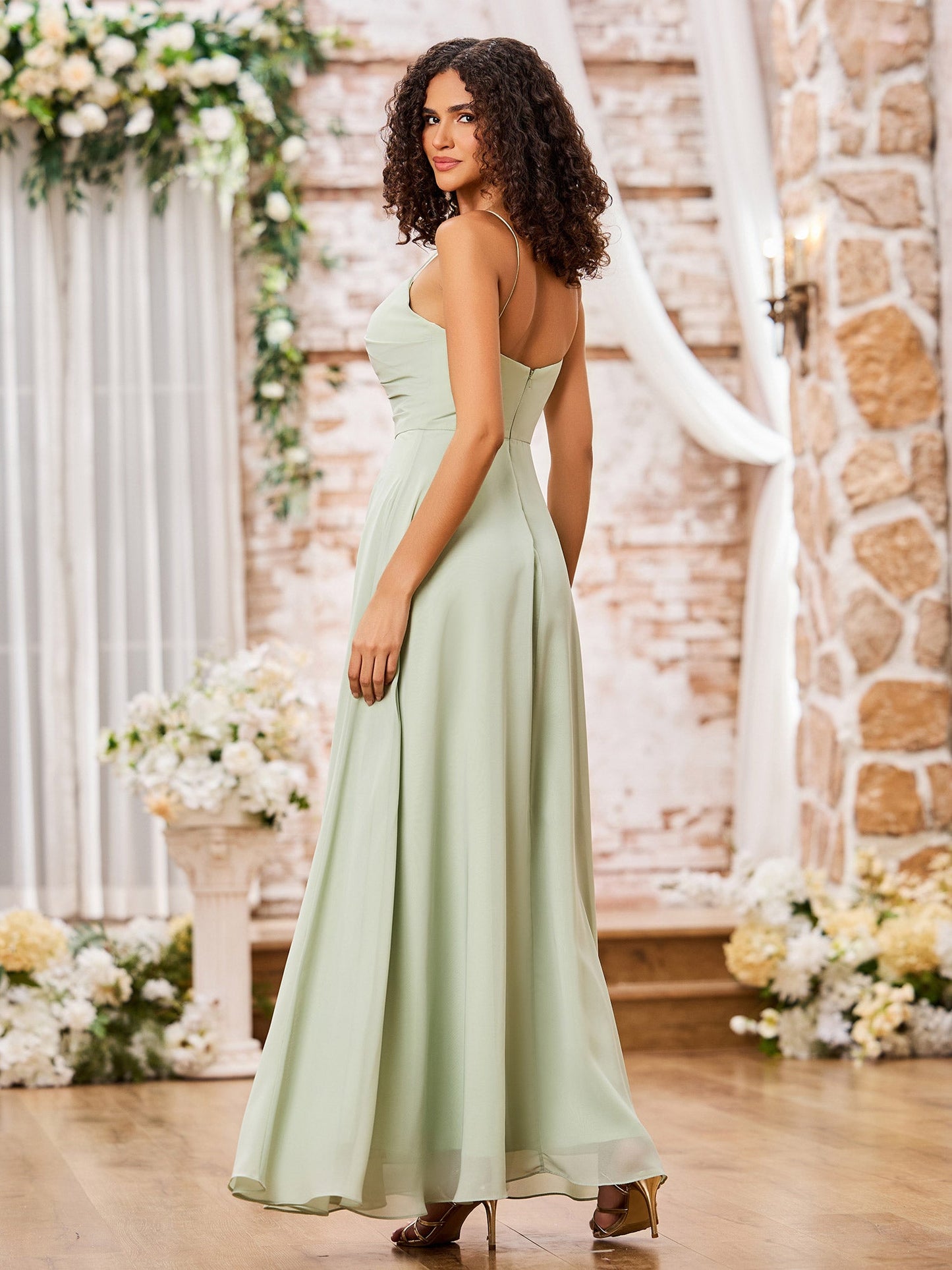 Spaghetti Straps Sweetheart Neck Chiffon Dresses Dusty Sage