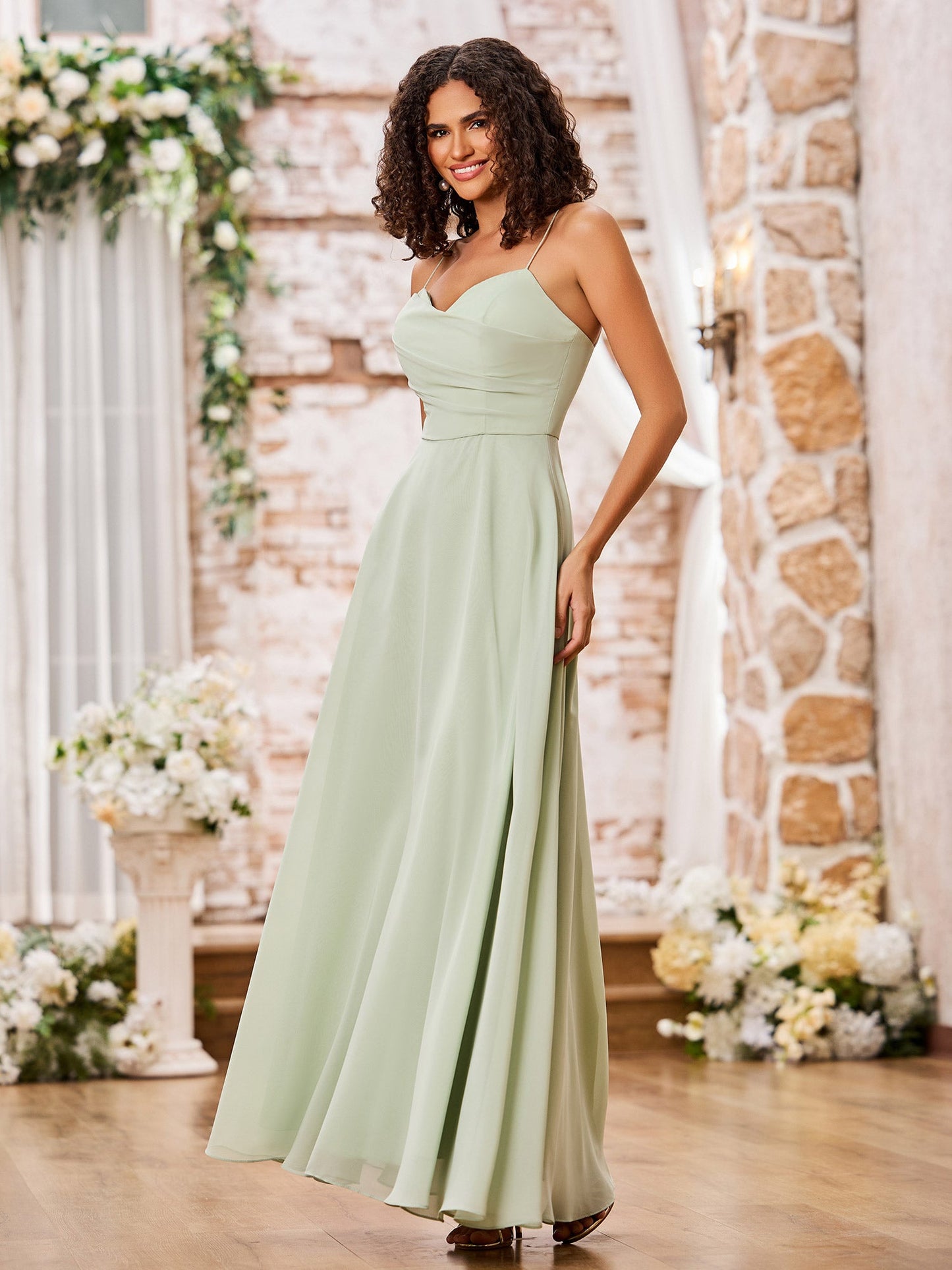 Spaghetti Straps Sweetheart Neck Chiffon Dresses Dusty Sage