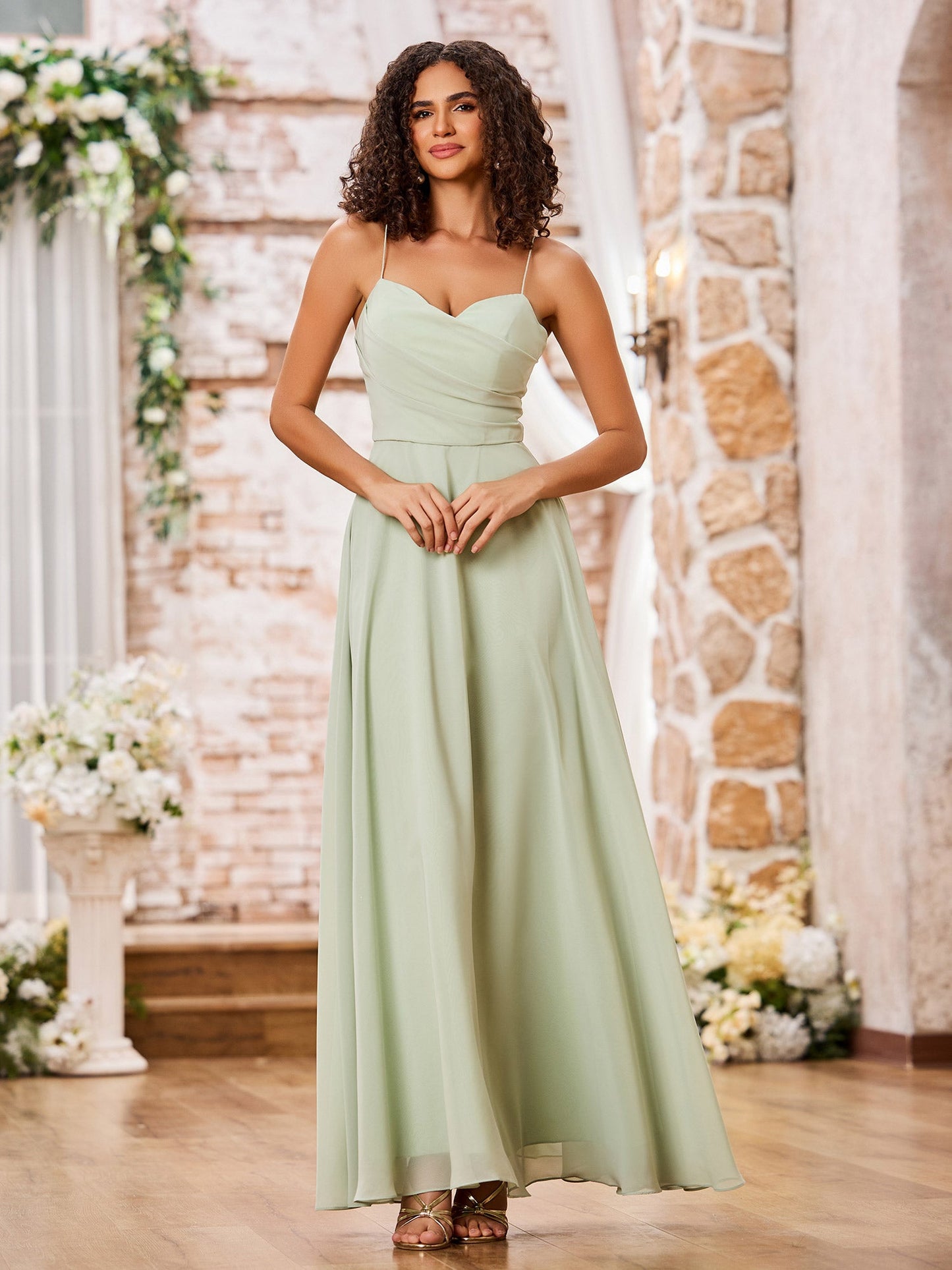 Spaghetti Straps Sweetheart Neck Chiffon Dresses Dusty Sage