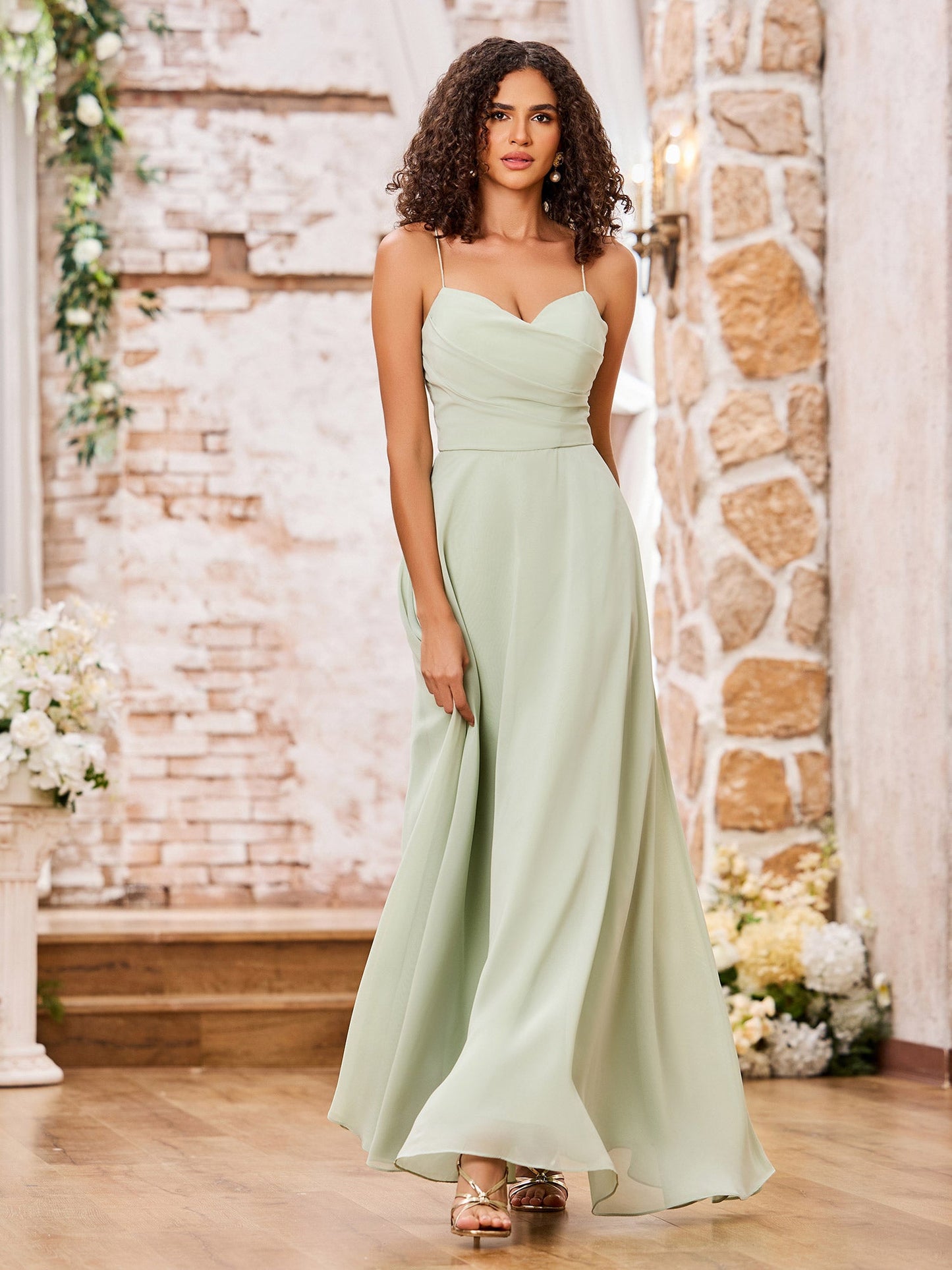 Spaghetti Straps Sweetheart Neck Chiffon Dresses Dusty Sage