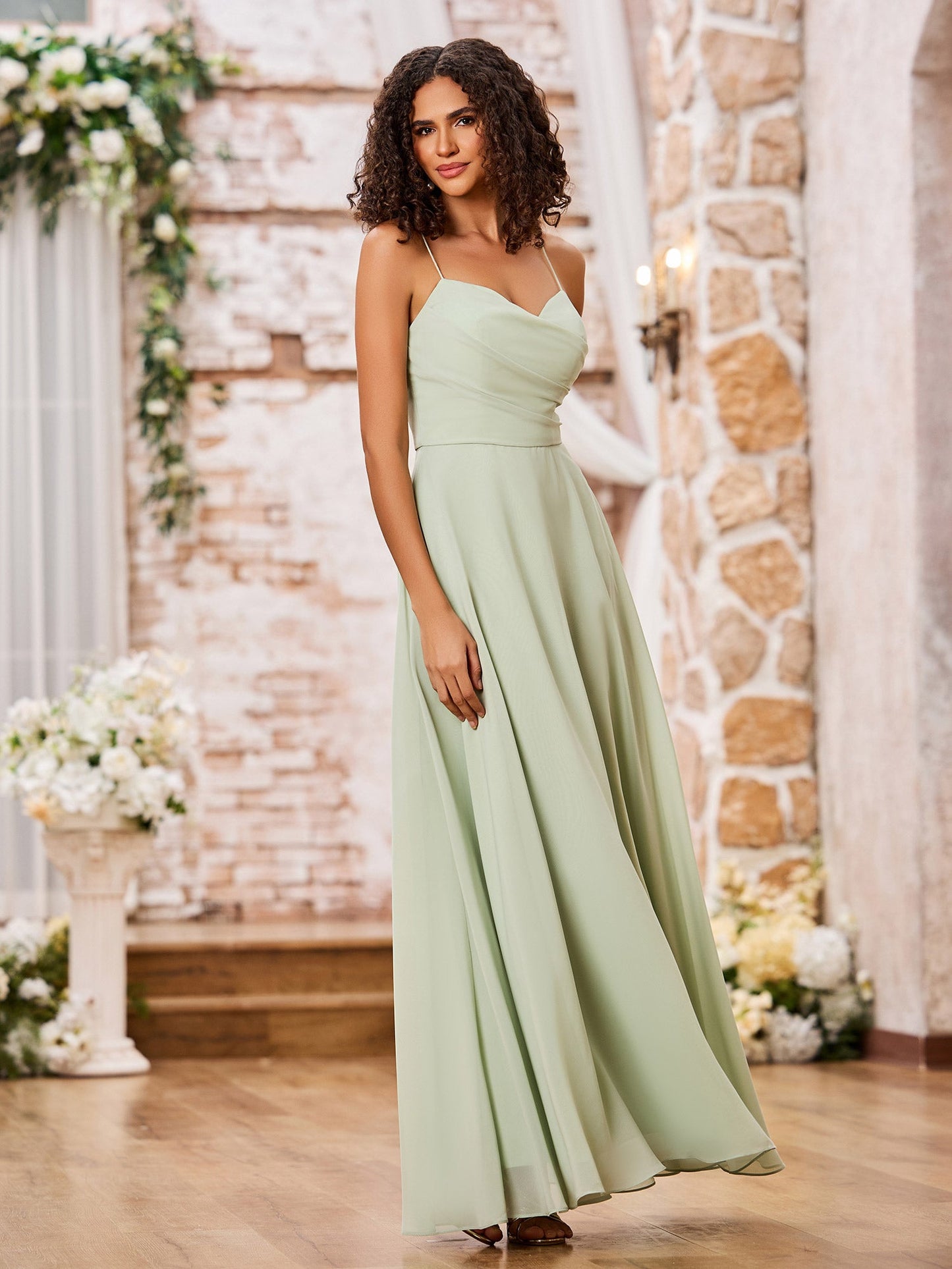 Spaghetti Straps Sweetheart Neck Chiffon Dresses Dusty Sage