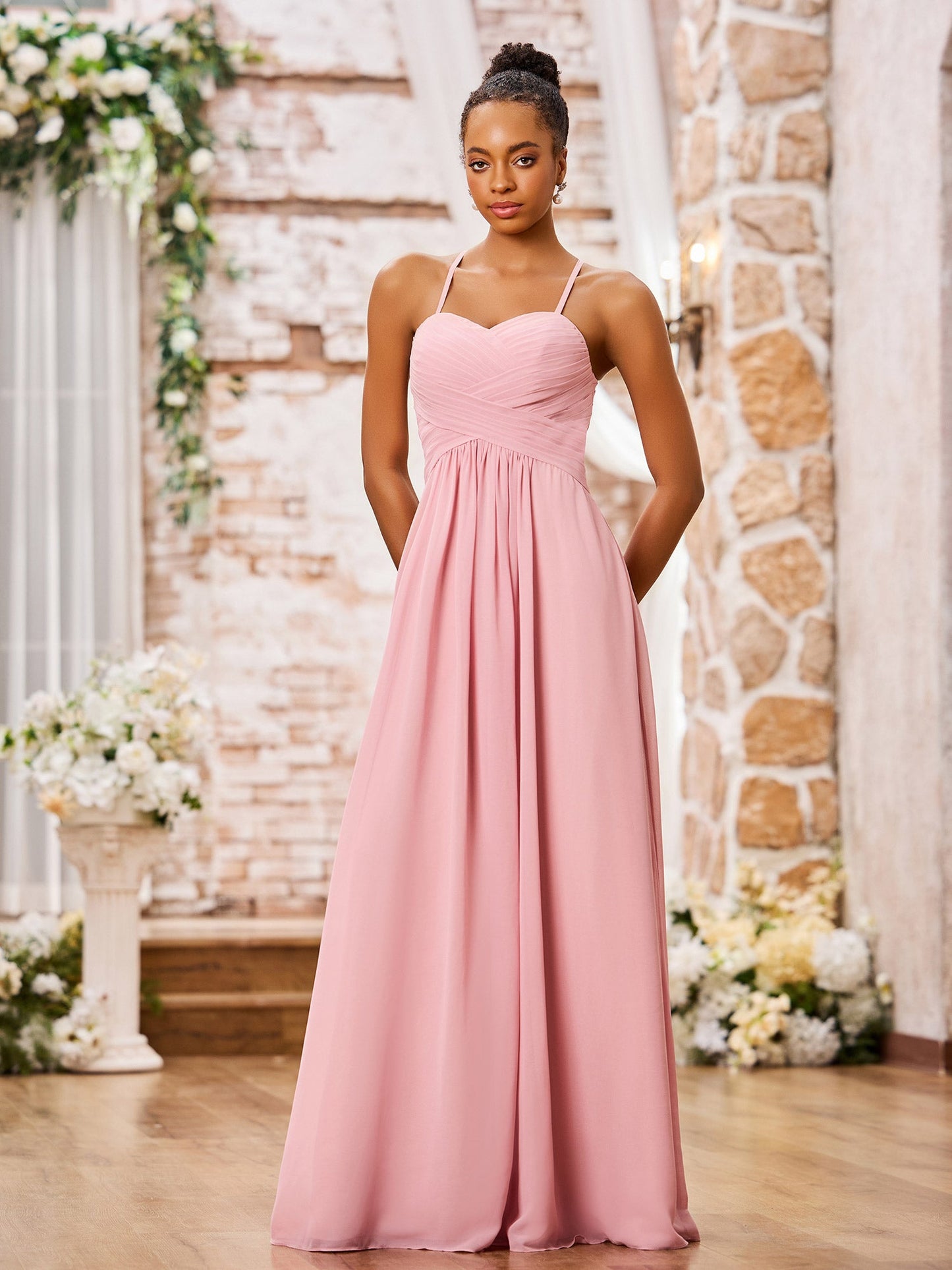 Spaghetti Straps Cross Pleated Chiffon Long Dresses Dusty Rose