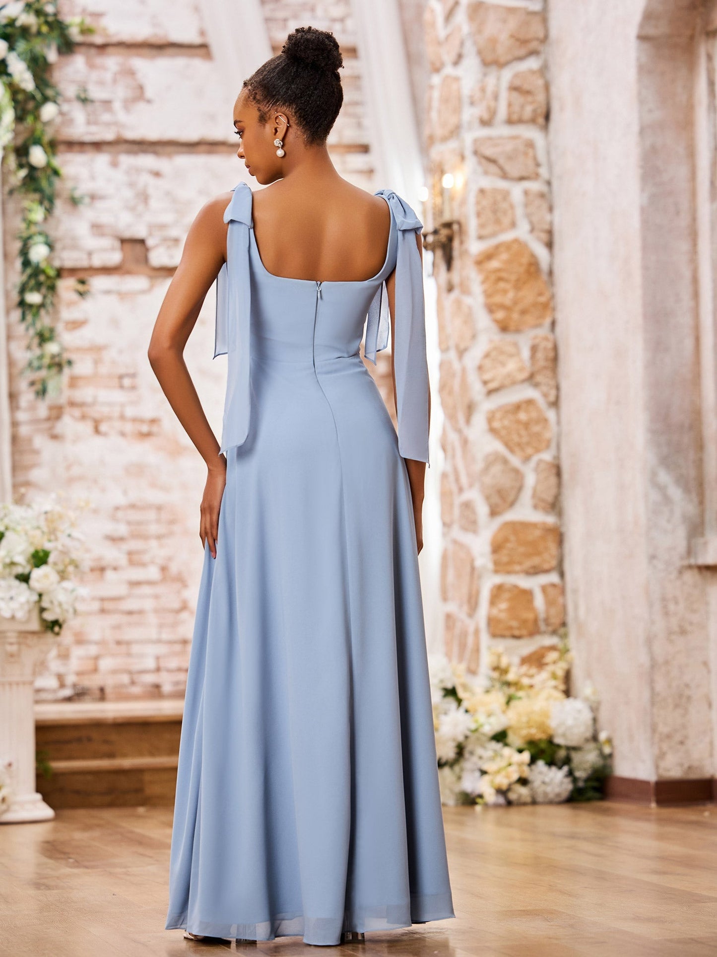 Double Bows Straps Square Neck Chiffon Dresses with Slit Dusty Blue