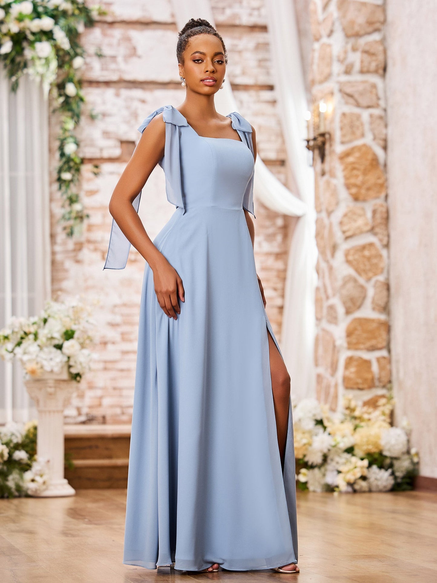 Double Bows Straps Square Neck Chiffon Dresses with Slit Dusty Blue