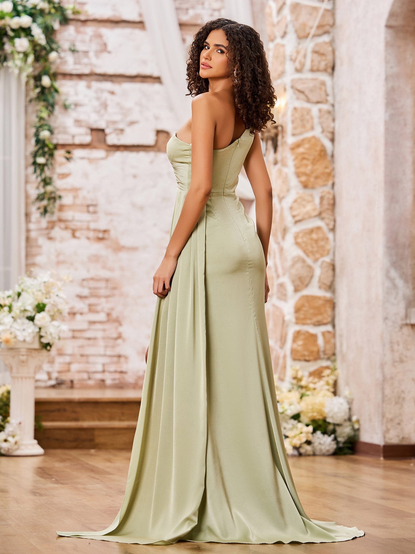 One Shoulder Sheath High Slit Sexy Dresses with Train Dusty Sage