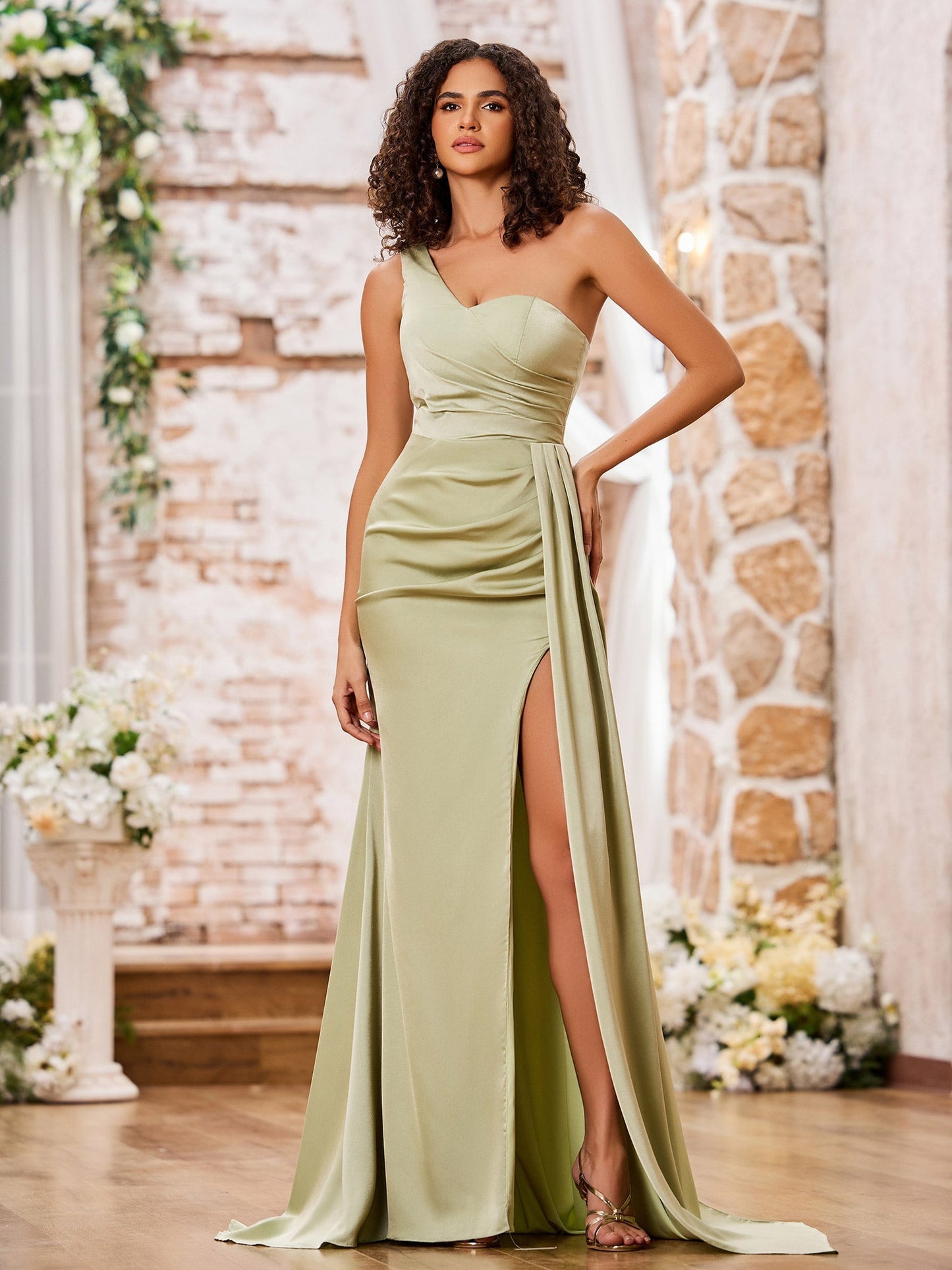 One Shoulder Sheath High Slit Sexy Dresses with Train Dusty Sage