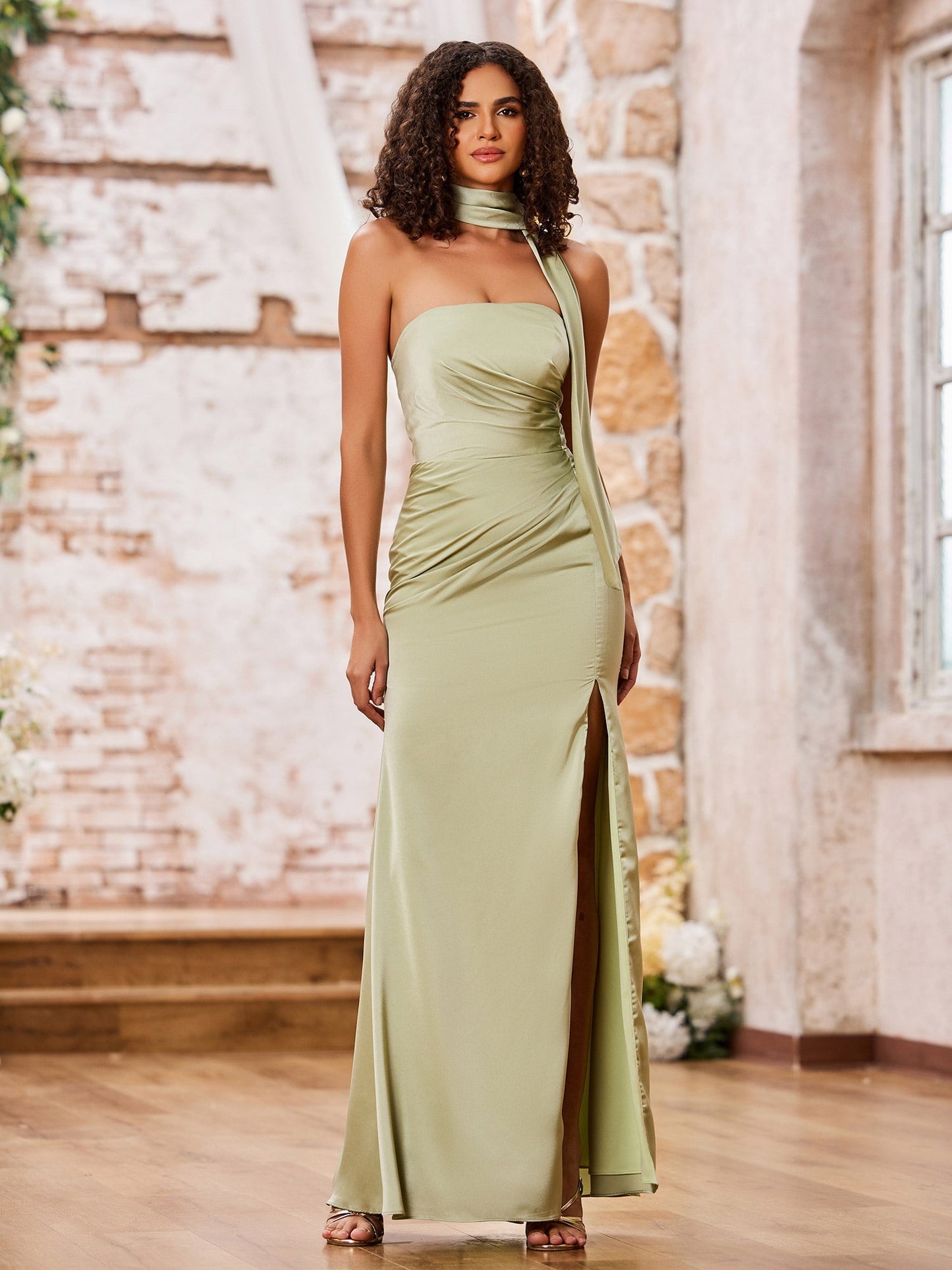 Strapless Sheath High Slit Sexy Maxi Dresses with Shawl Dusty Sage
