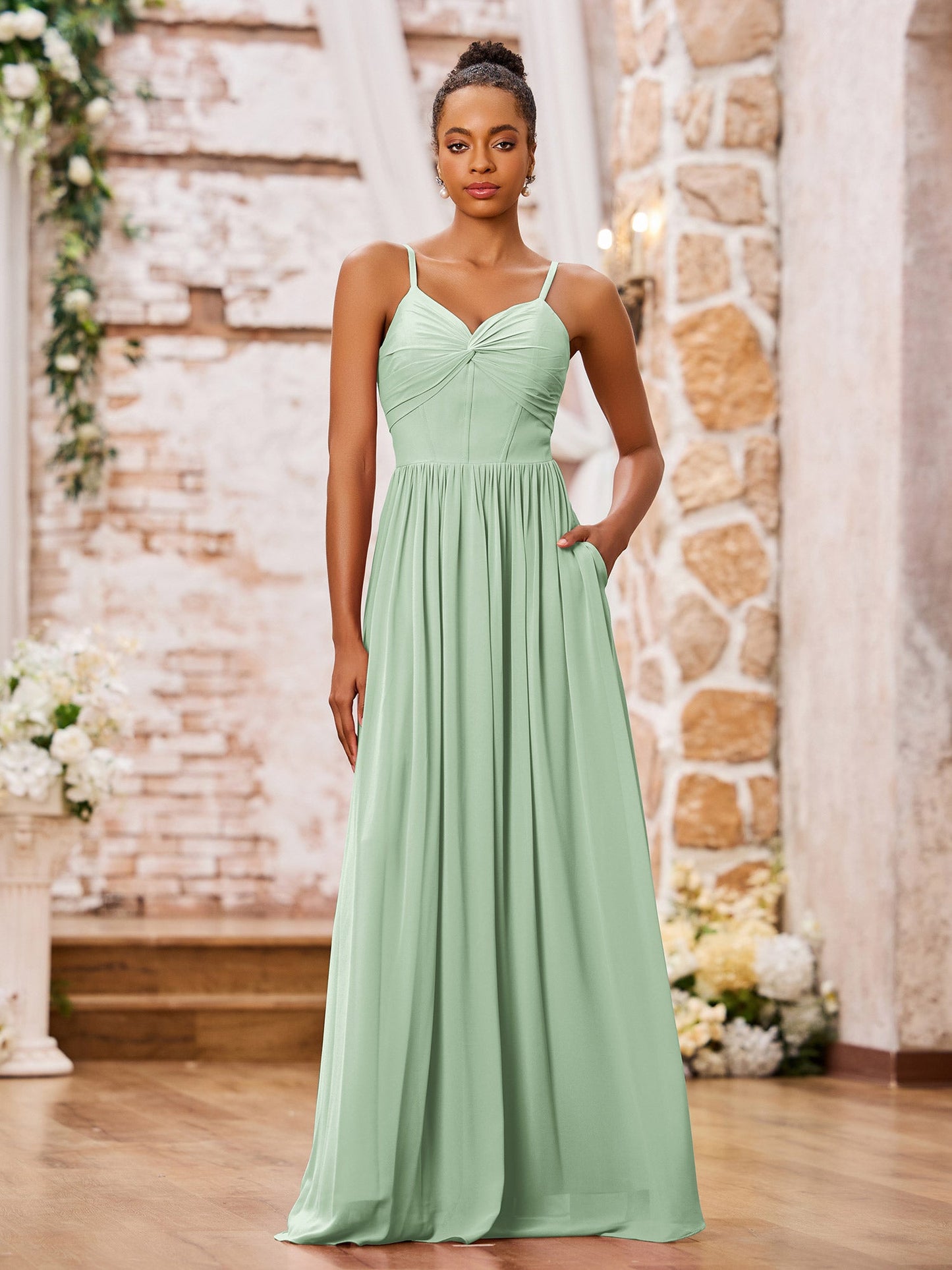 Sweetheart Neck Spaghetti Straps Chiffon Dresses with Pocket Dusty Sage