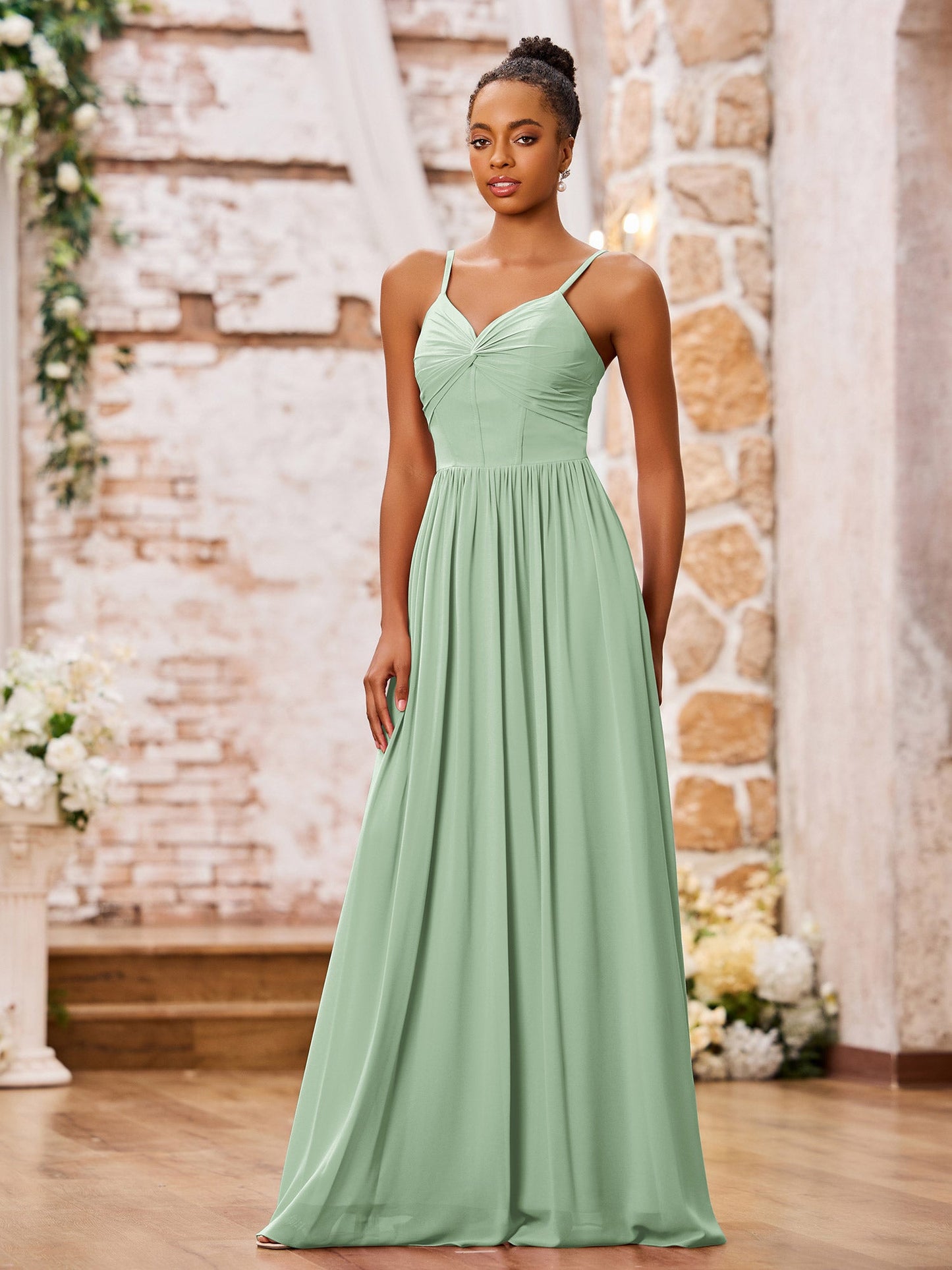 Sweetheart Neck Spaghetti Straps Chiffon Dresses with Pocket Dusty Sage