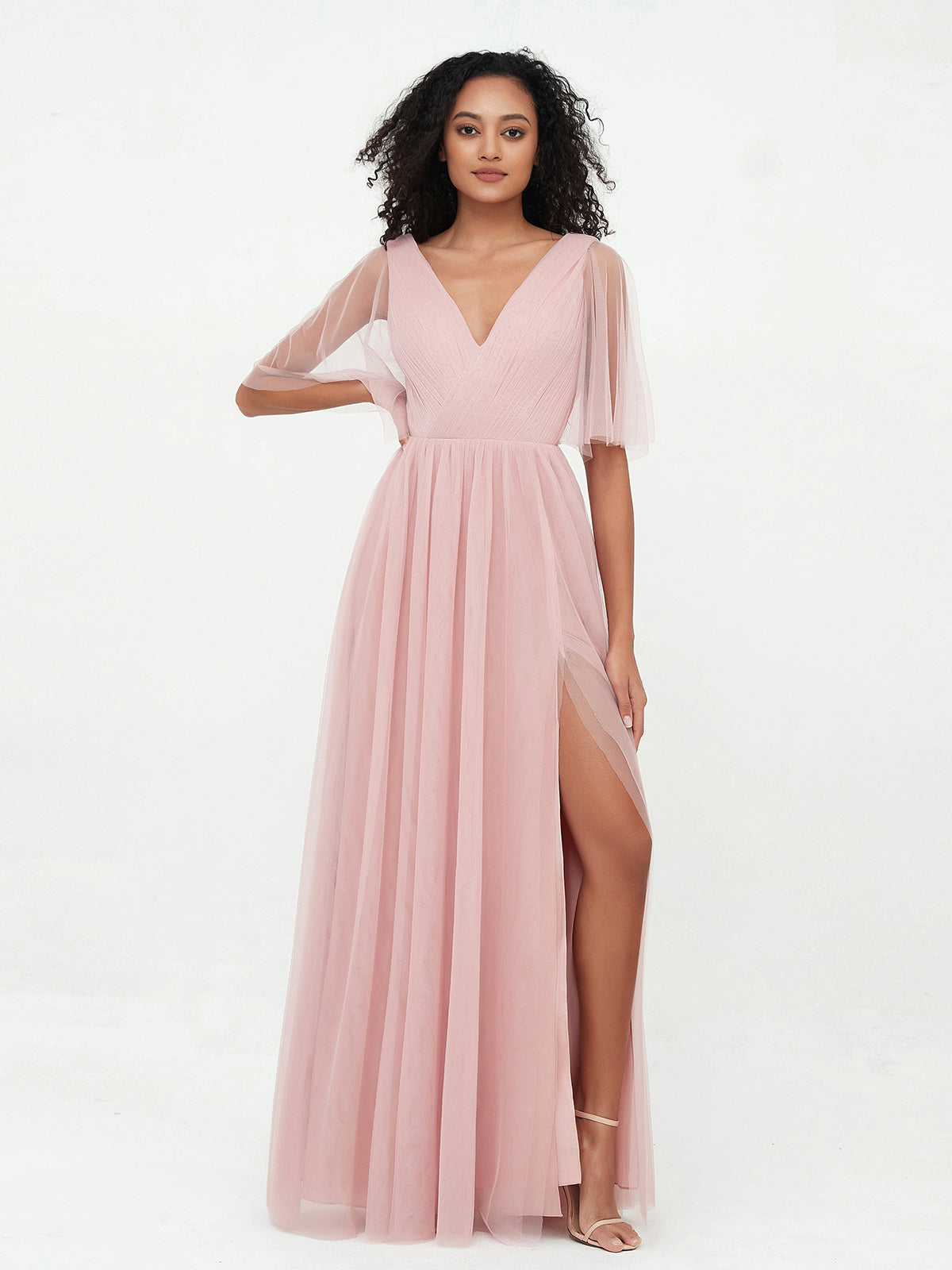 A-line V-neck Tulle Max Dresses with Deep-V Back-Dusty Rose