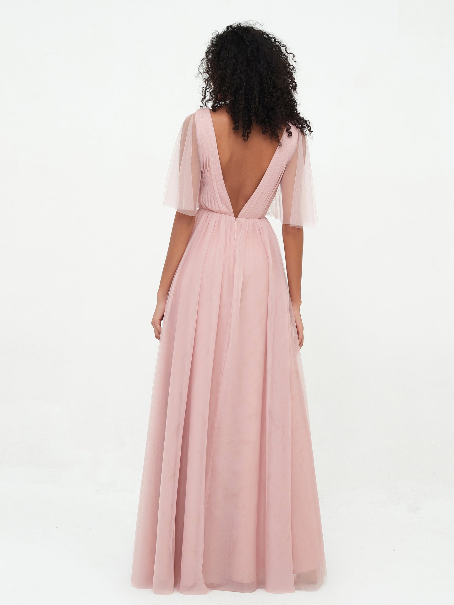 A-line V-neck Tulle Max Dresses with Deep-V Back-Dusty Rose