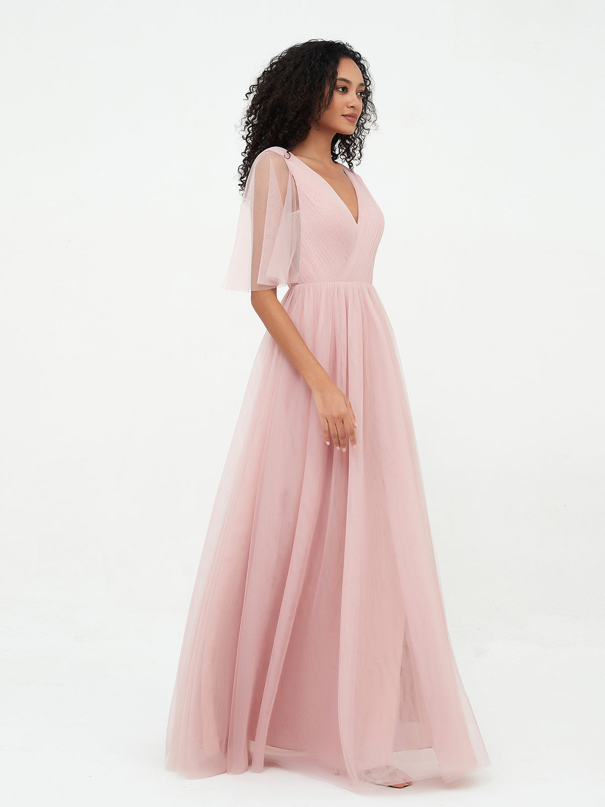 A-line V-neck Tulle Max Dresses with Deep-V Back-Dusty Rose