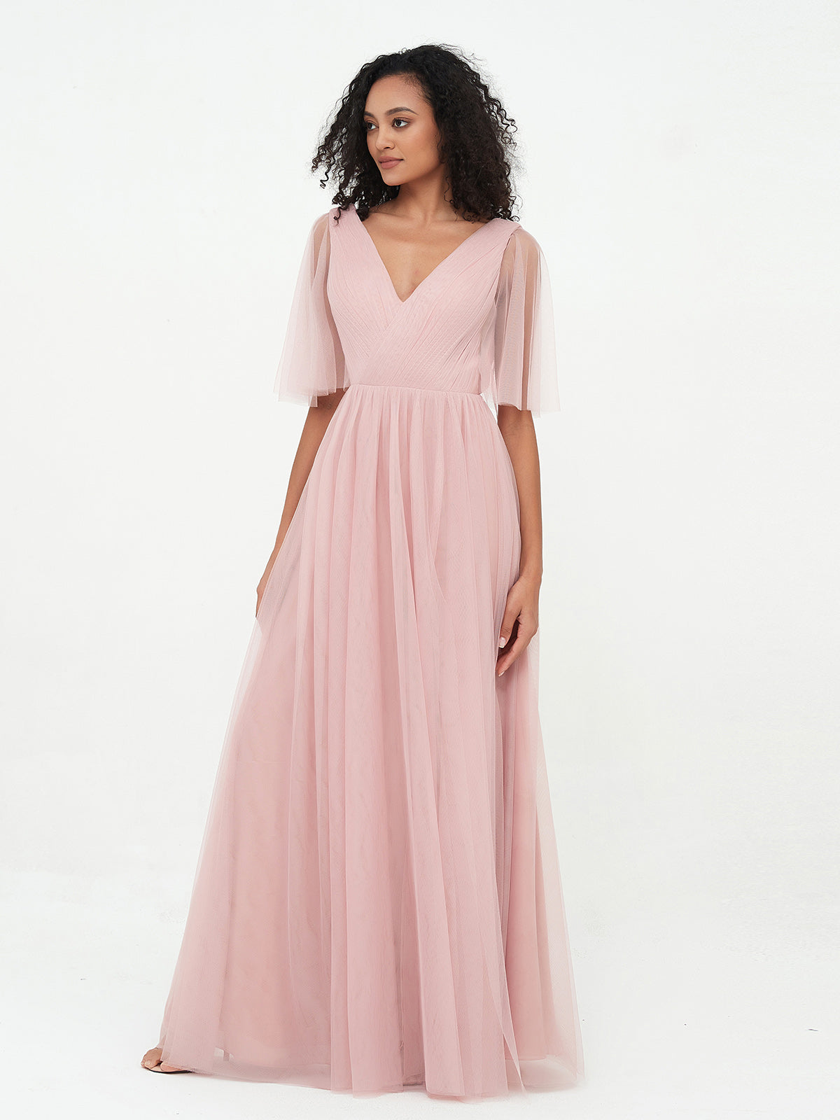 A-line V-neck Tulle Max Dresses with Deep-V Back-Dusty Rose