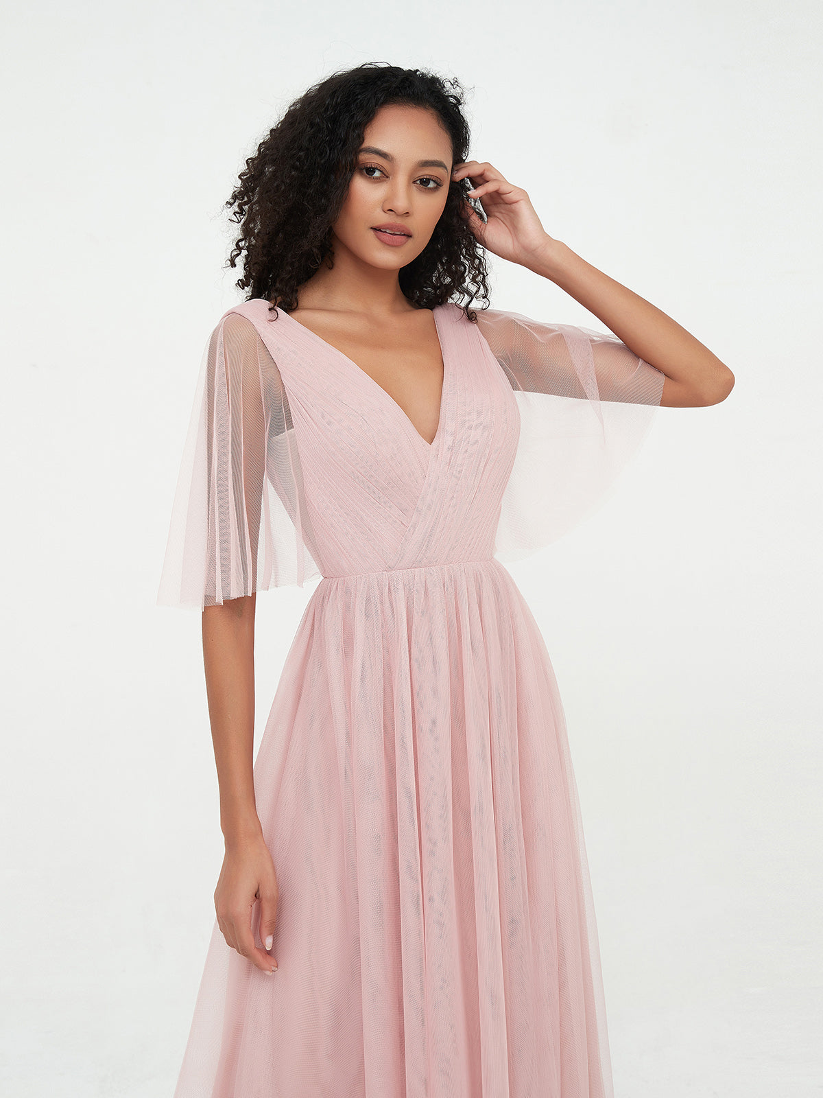 A-line V-neck Tulle Max Dresses with Deep-V Back-Dusty Rose