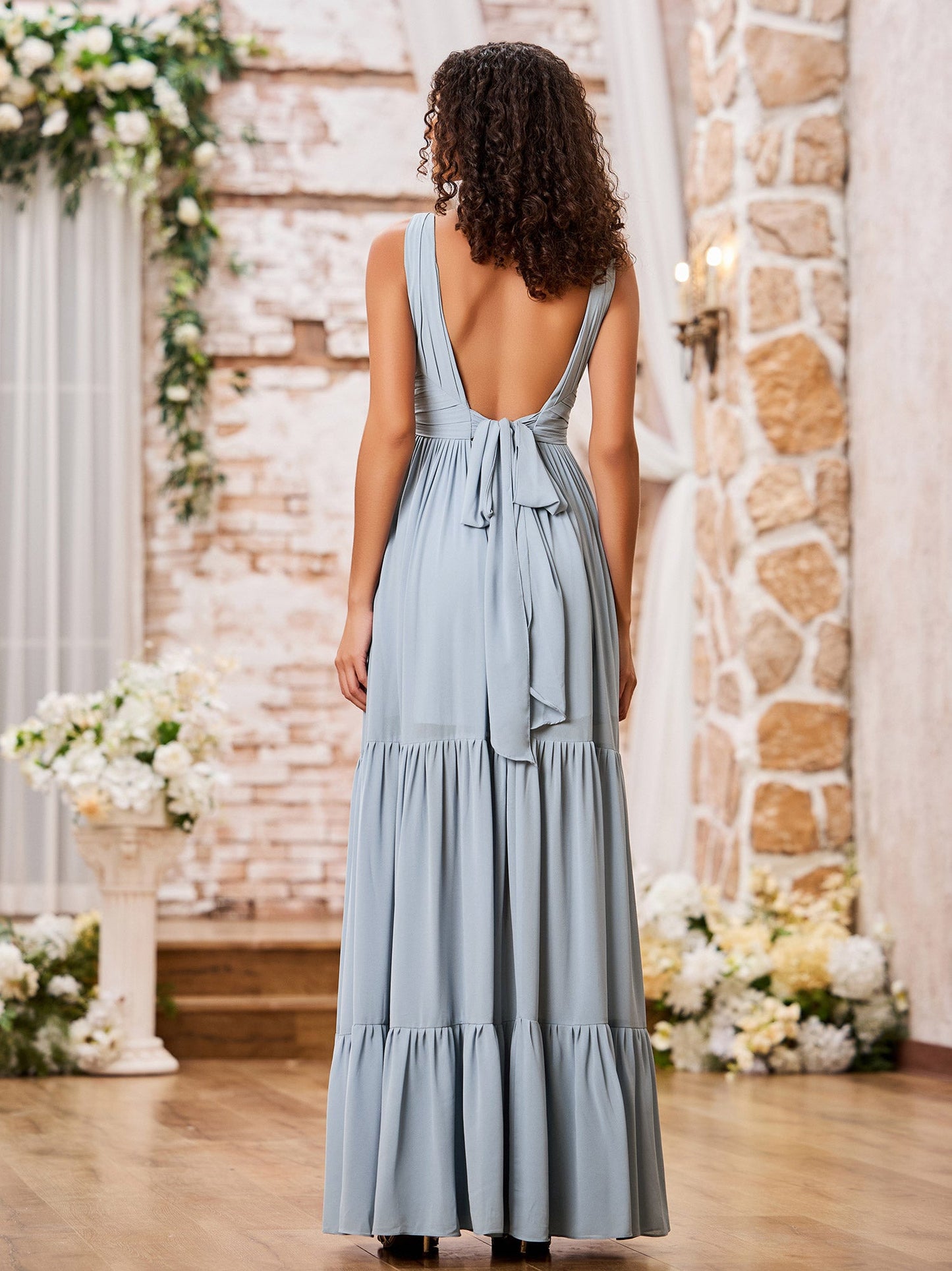 A-line V-neck Cross Pleated Tiered Bohemian Dresses Dusty Blue
