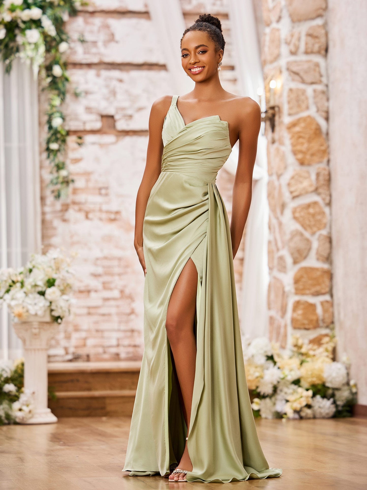One Shoulder Sweetheart High Slit Sexy Dresses Dusty Sage
