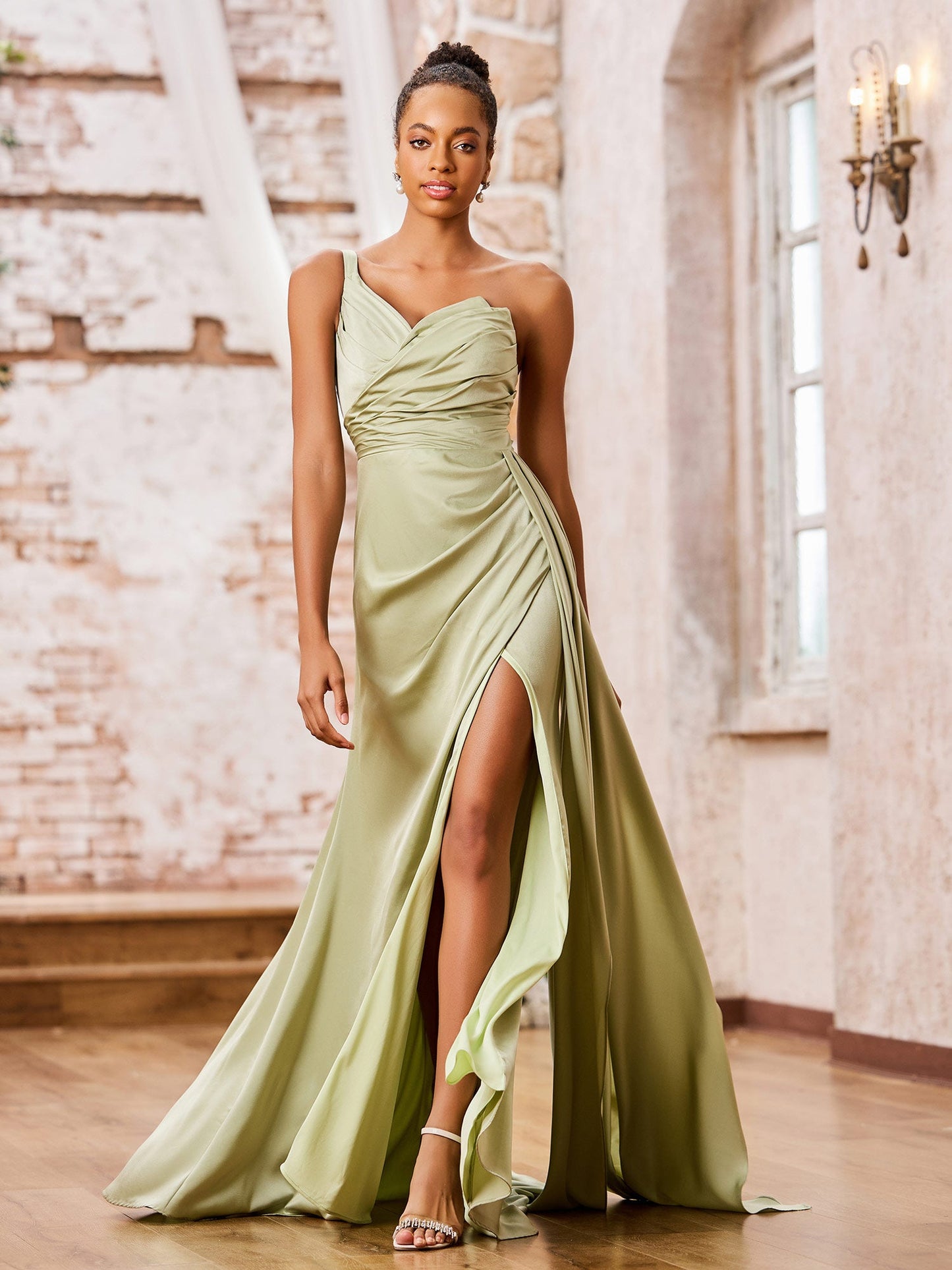 One Shoulder Sweetheart High Slit Sexy Dresses Dusty Sage