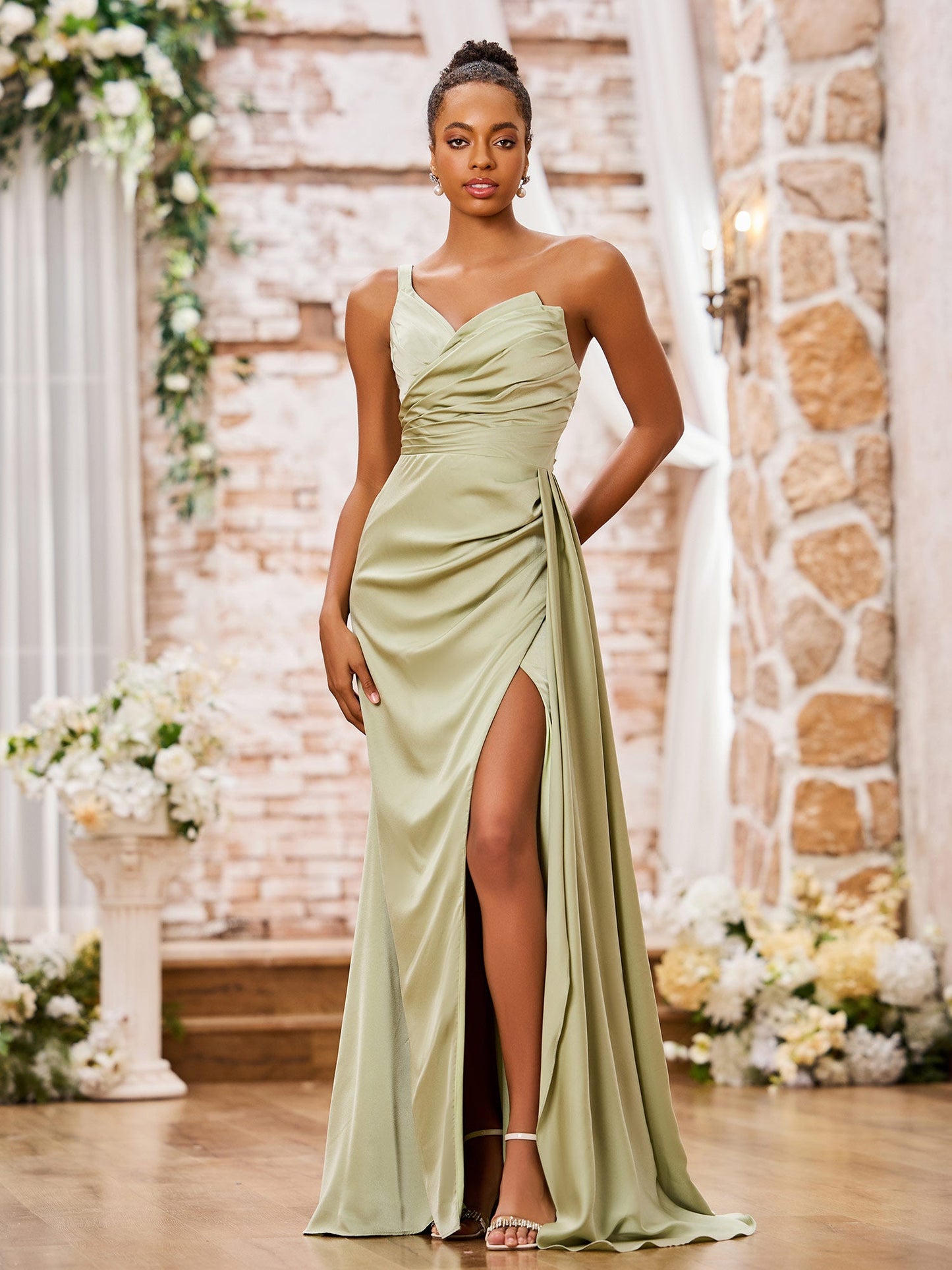 One Shoulder Sweetheart High Slit Sexy Dresses Dusty Sage