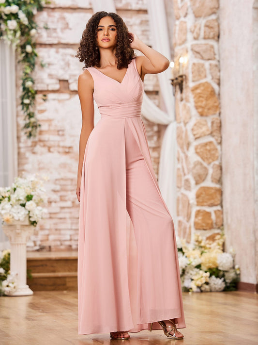 A-line V-neck Chiffon Long Dresses with Jumpsuit Dusty Rose