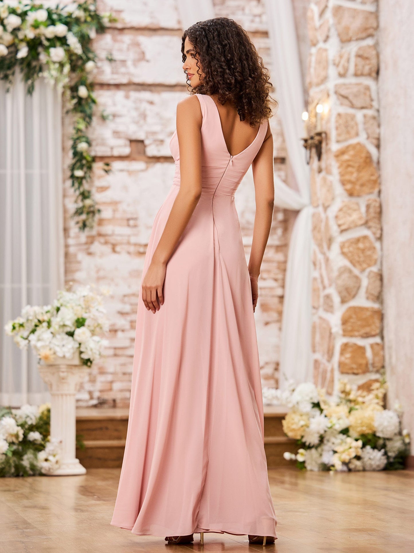 A-line V-neck Chiffon Long Dresses with Jumpsuit Dusty Rose