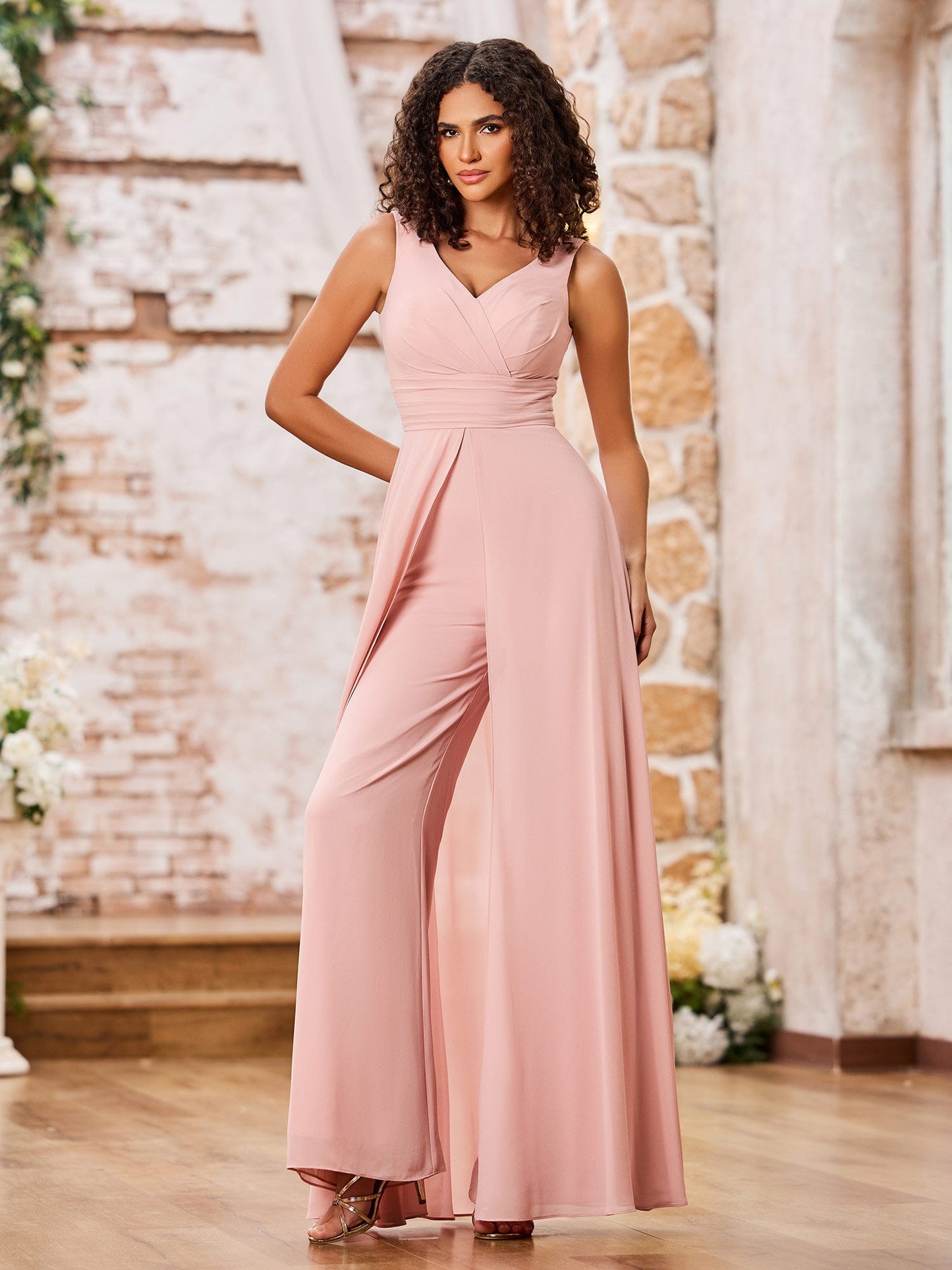 A-line V-neck Chiffon Long Dresses with Jumpsuit Dusty Rose