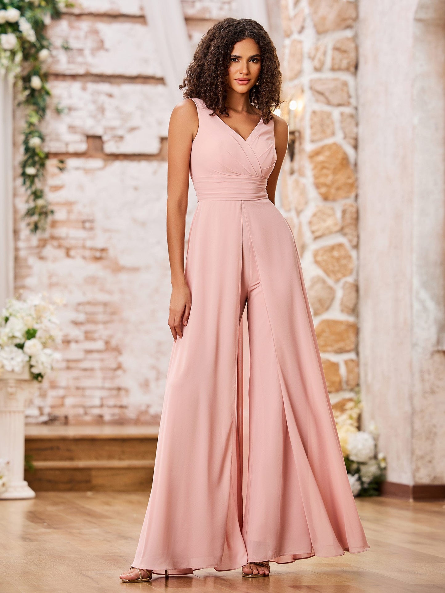 A-line V-neck Chiffon Long Dresses with Jumpsuit Dusty Rose