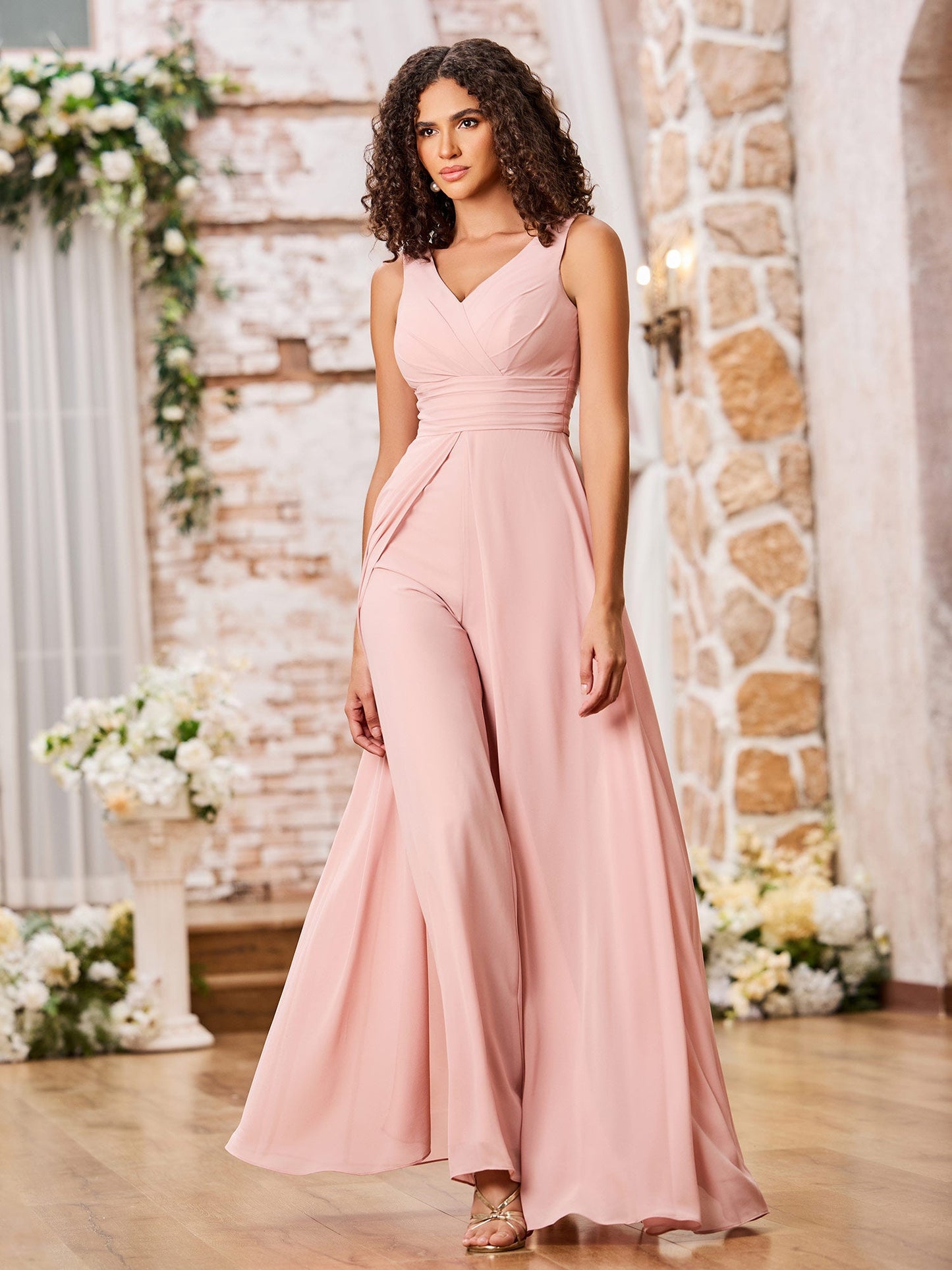 A-line V-neck Chiffon Long Dresses with Jumpsuit Dusty Rose