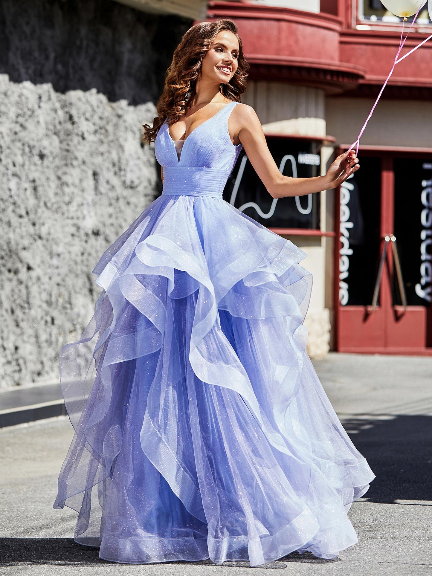 V-Neck Sleeveless Tulle Ball Gown Lavender