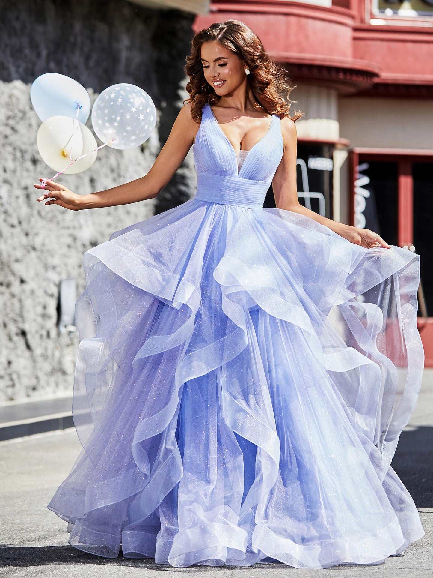 V-Neck Sleeveless Tulle Ball Gown Lavender
