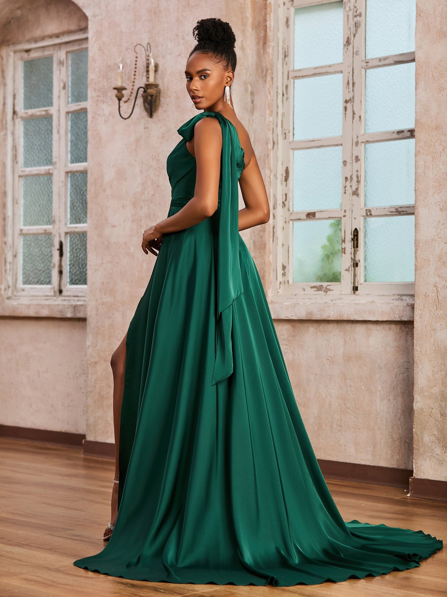 One Shoulder Ruched A-line Long Dress With Ribbons Dark Green